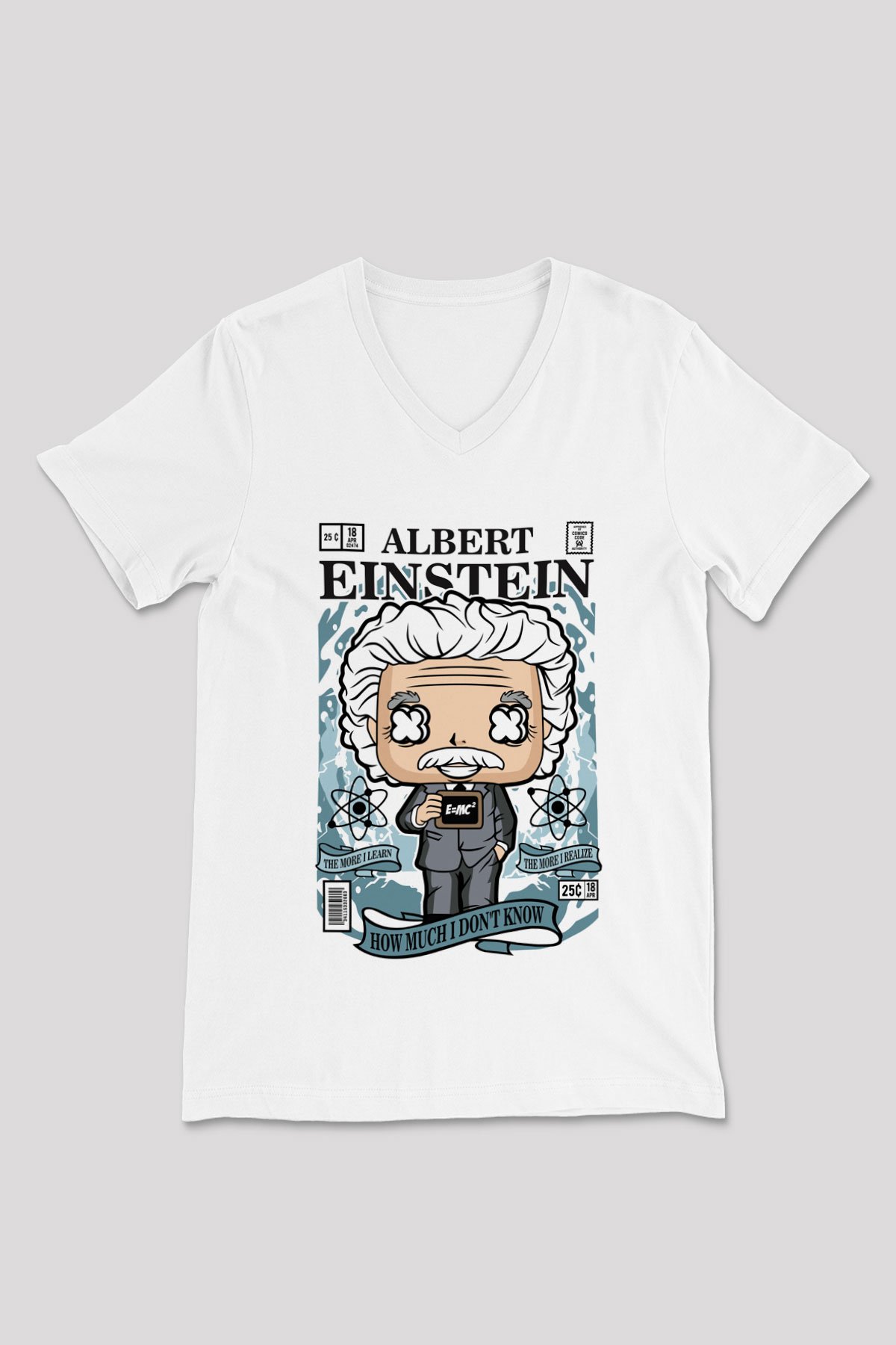 Albert Einstein Baskılı Unisex Beyaz V Yaka Tişört