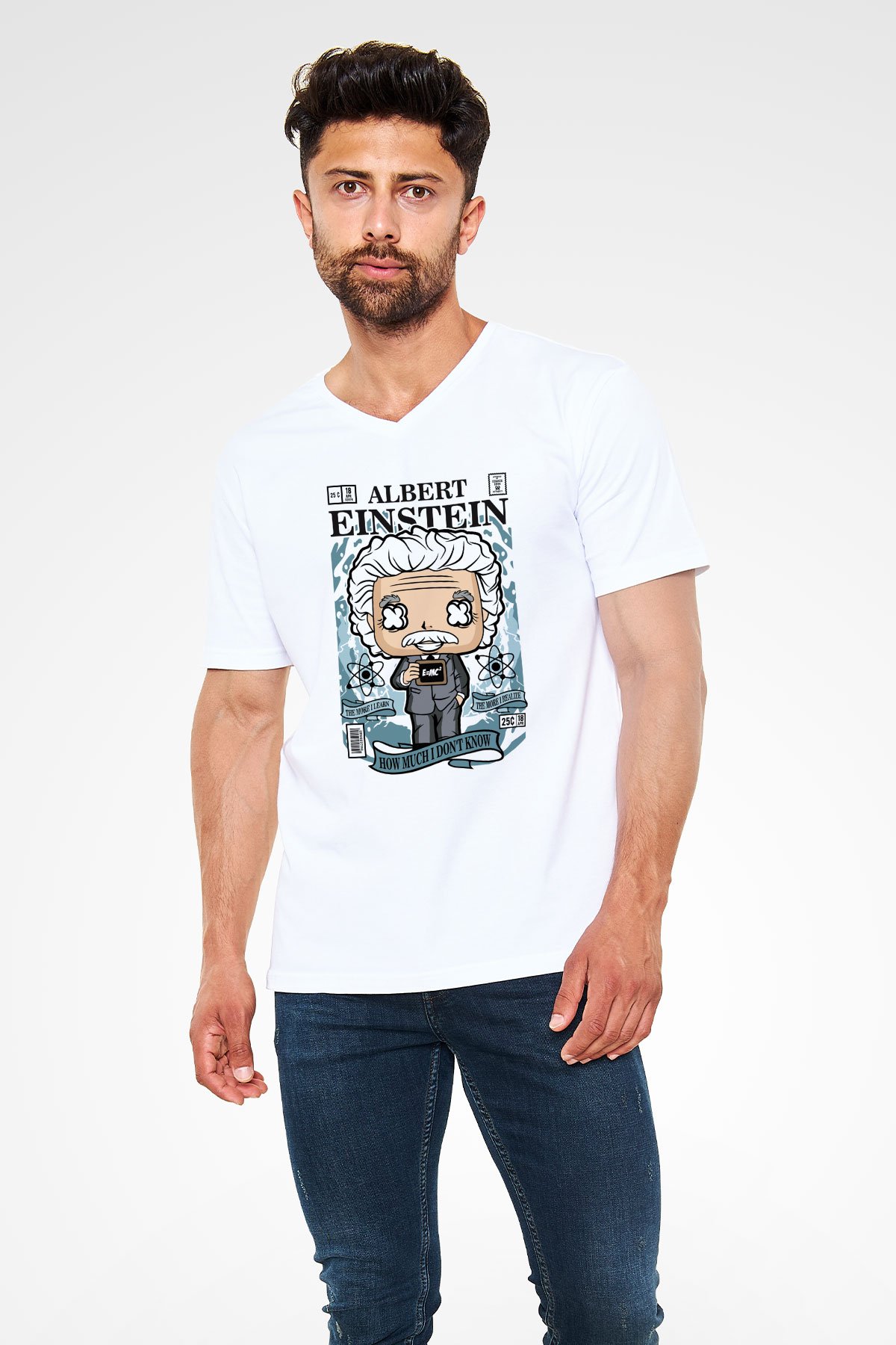 Albert Einstein Baskılı Unisex Beyaz V Yaka Tişört