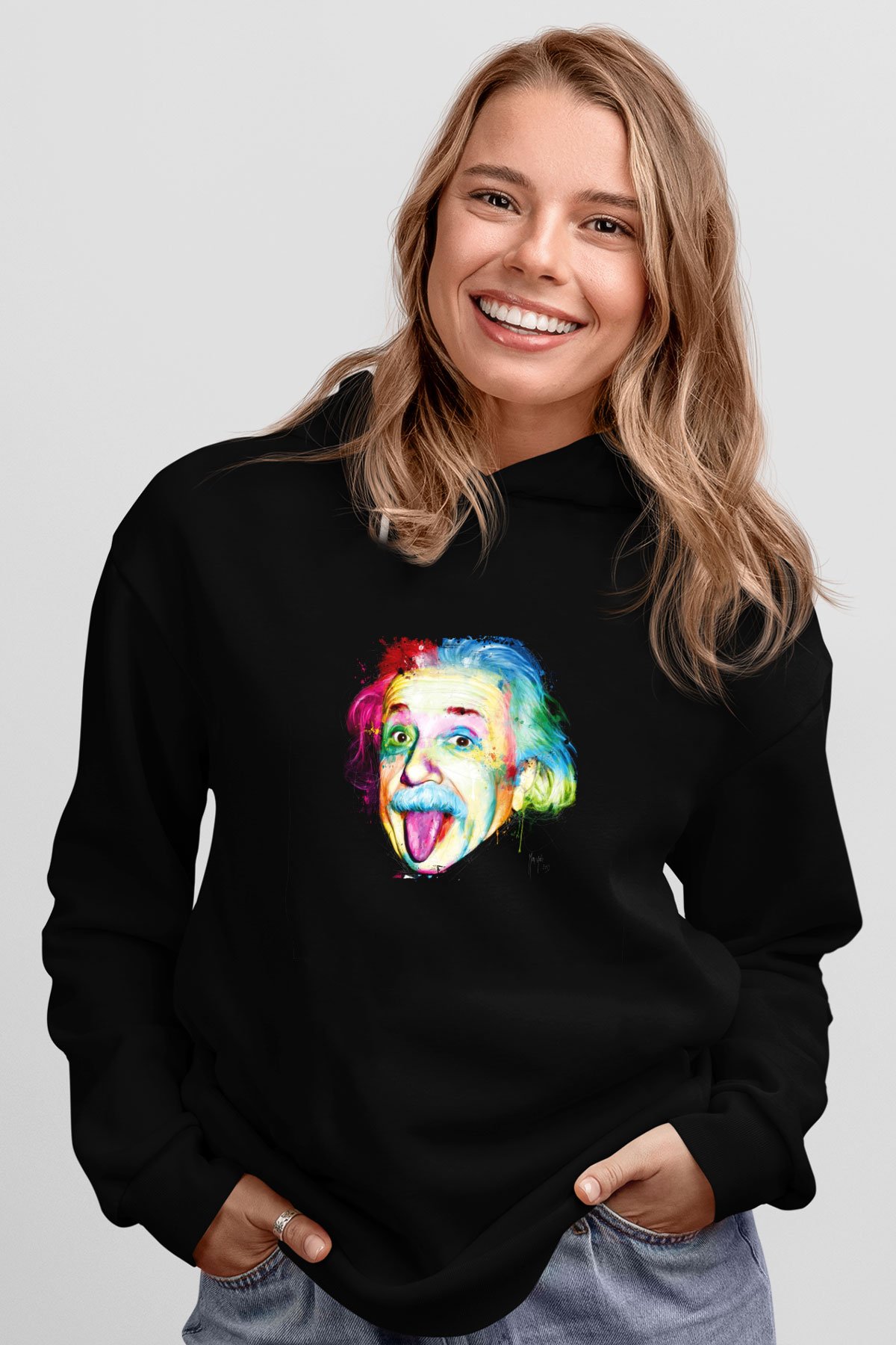 Albert Einstein Baskılı Unisex Siyah Hoodie