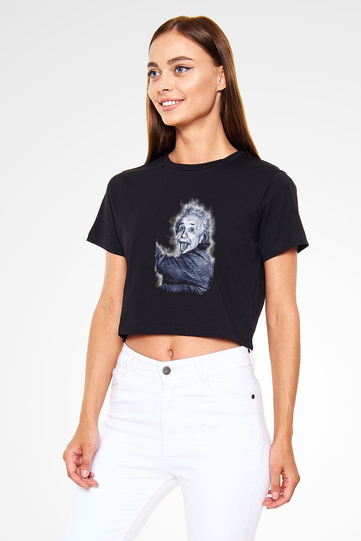 Albert Einstein Dil Çıkaran Portre Baskılı Crop Top Kadın Tİşört - Tshirt