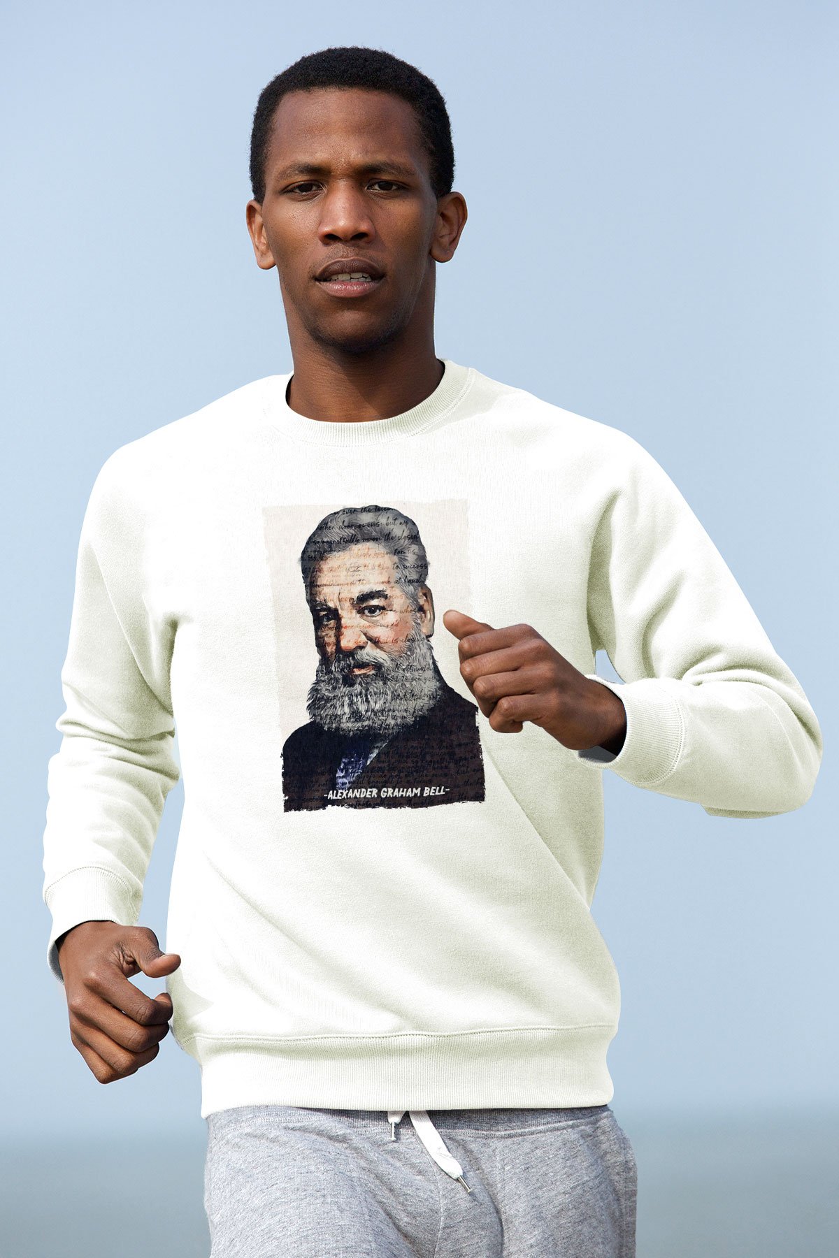 Alexander Graham Bell Yazılı Portre Baskılı Unisex Ekru Sweatshirt
