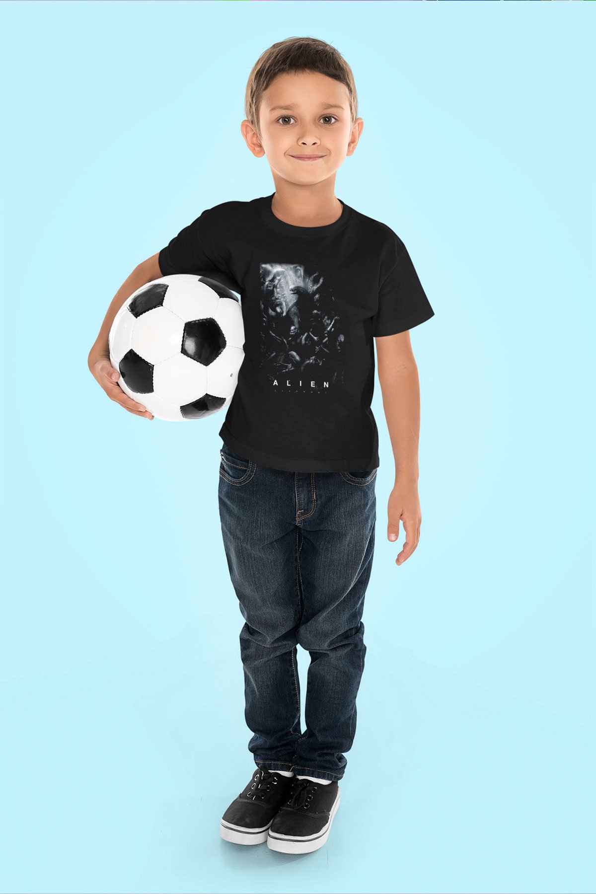 Alien Baskılı Siyah Unisex Çocuk Tişört
