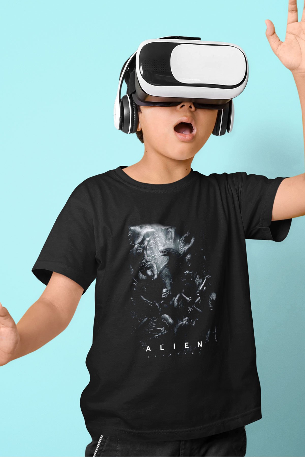 Alien Baskılı Siyah Unisex Çocuk Tişört