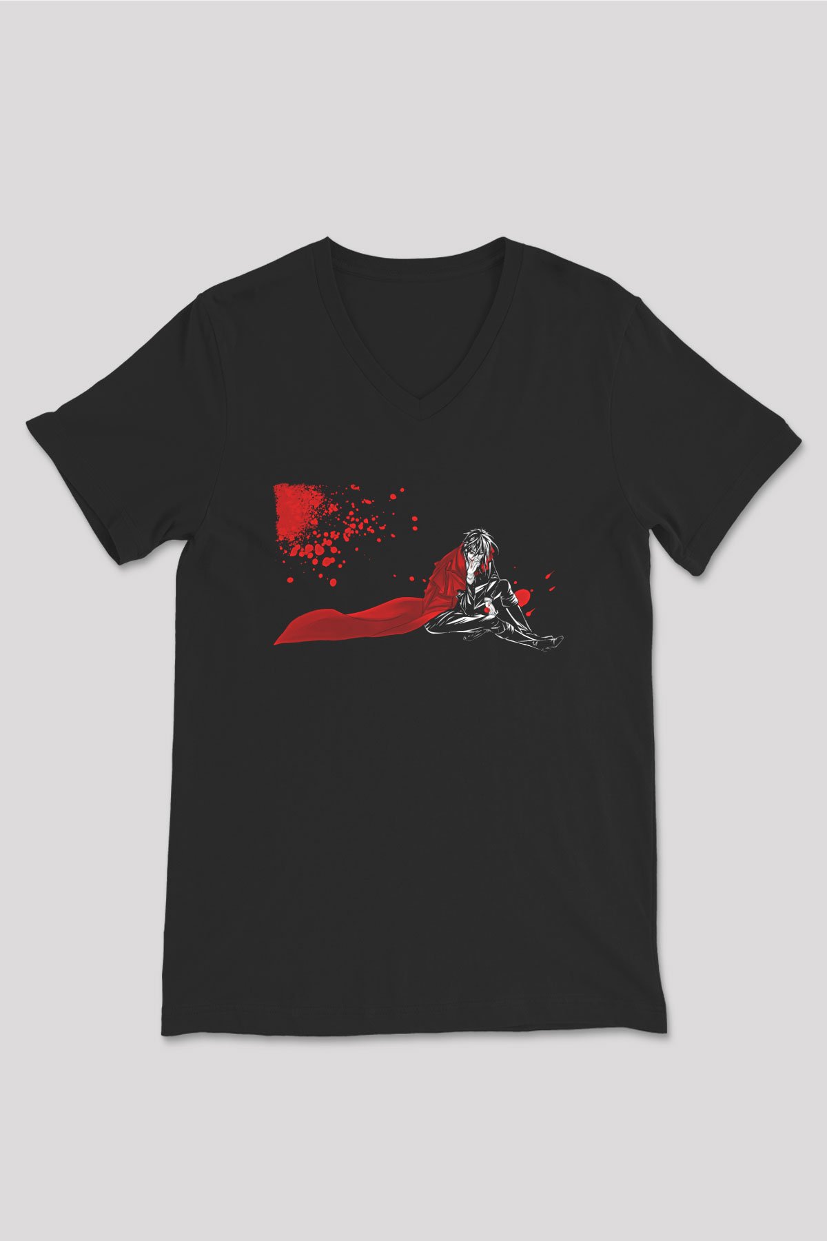 Alucard Baskılı Unisex Siyah V Yaka Tişört - Tshirt