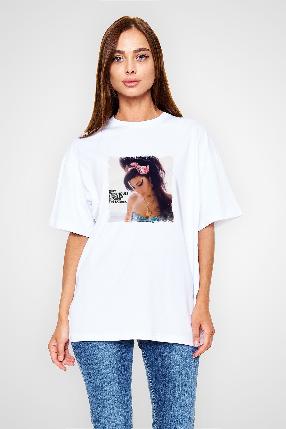 Amy Winehouse Baskılı Unisex Beyaz Tişört