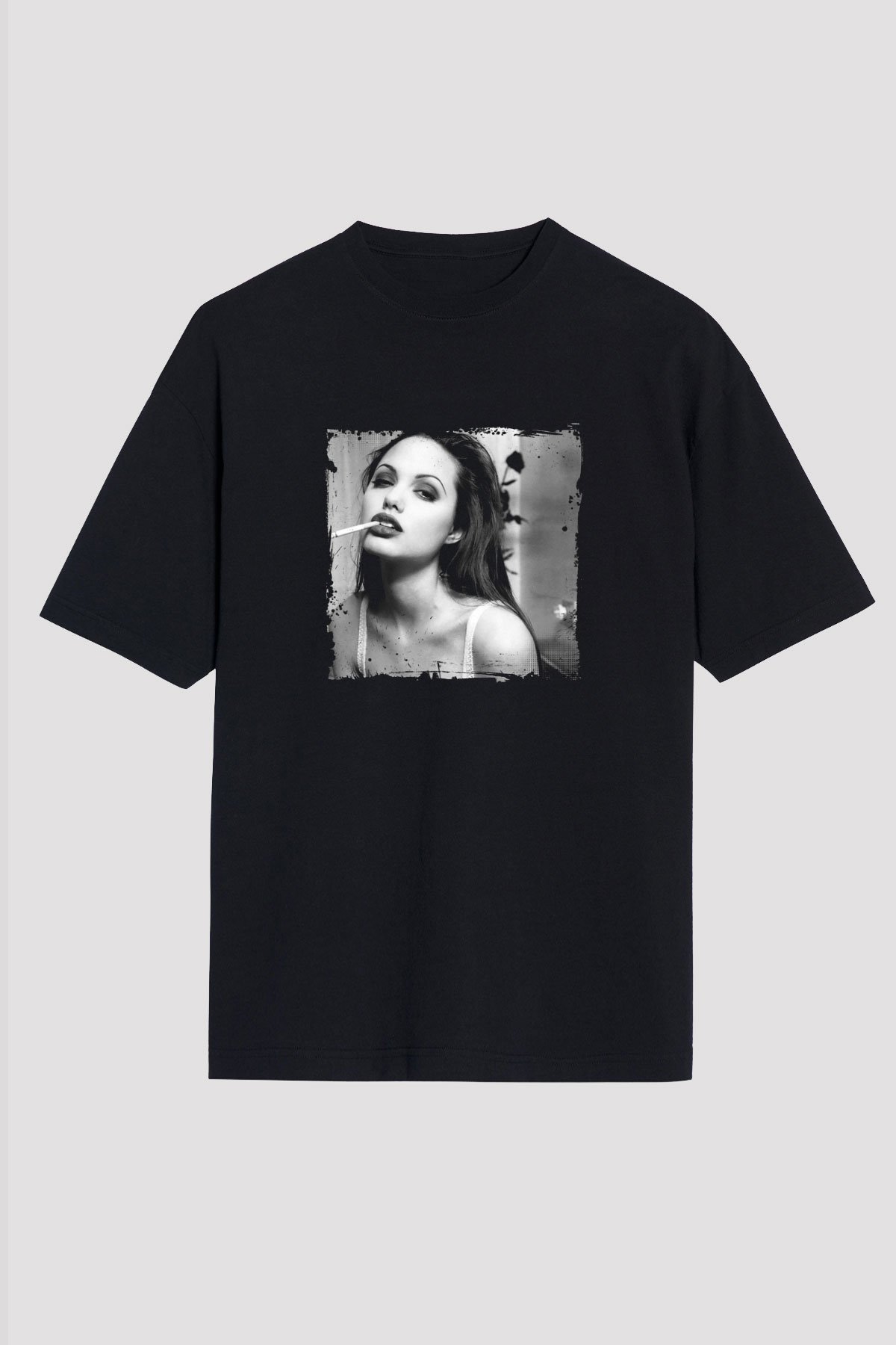 Angelina Jolie Baskılı Unisex Siyah Oversize Tişört