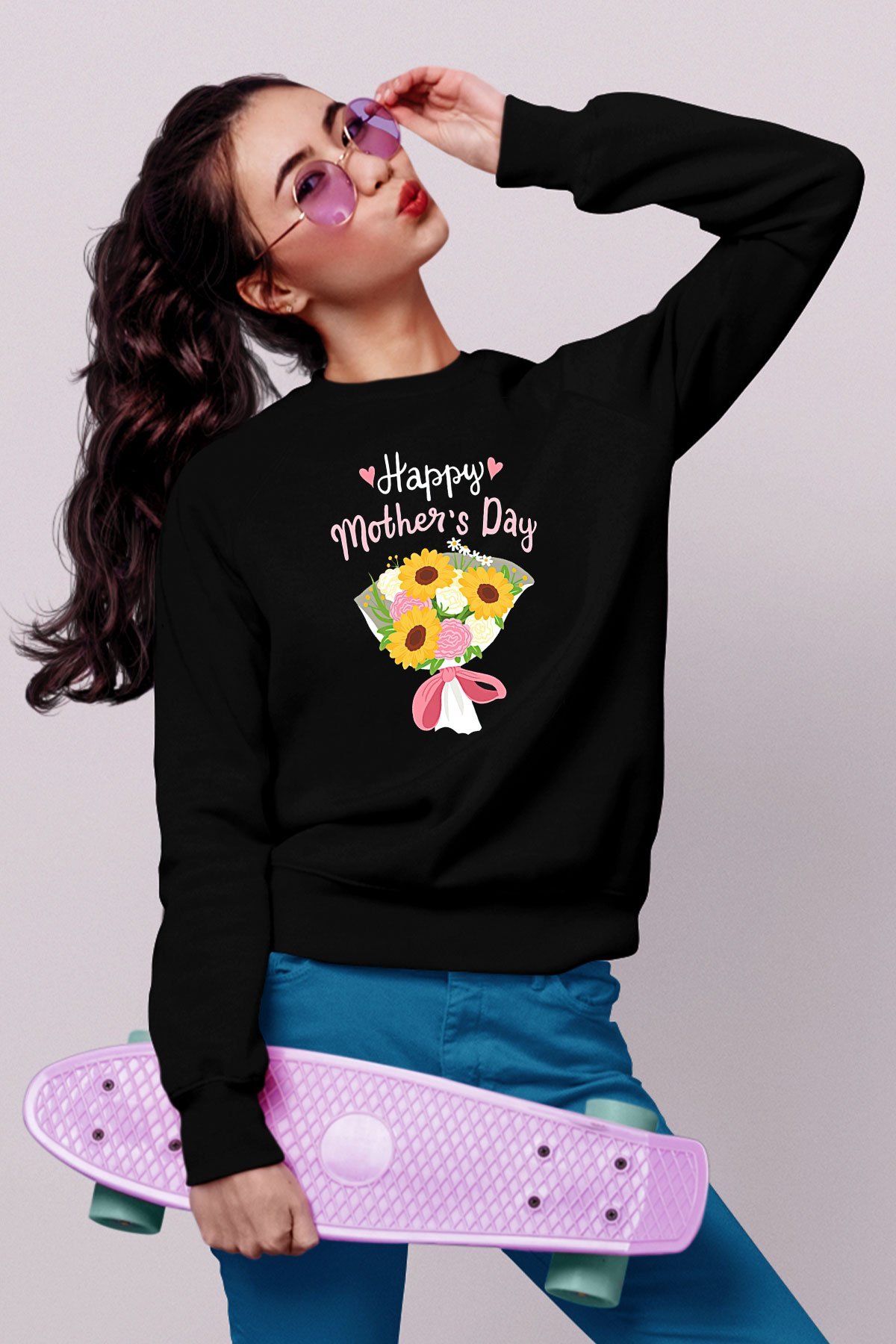 Anneler Günü Baskılı Unisex Siyah Sweatshirt