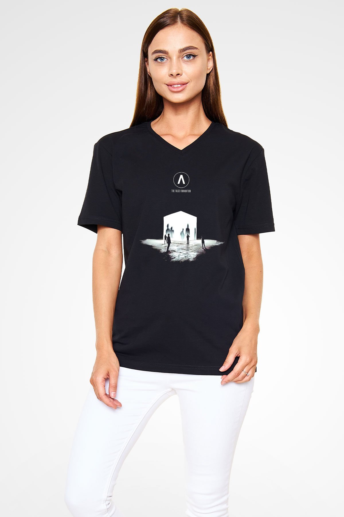Archive Baskılı Unisex Siyah V Yaka Tişört - Tshirt