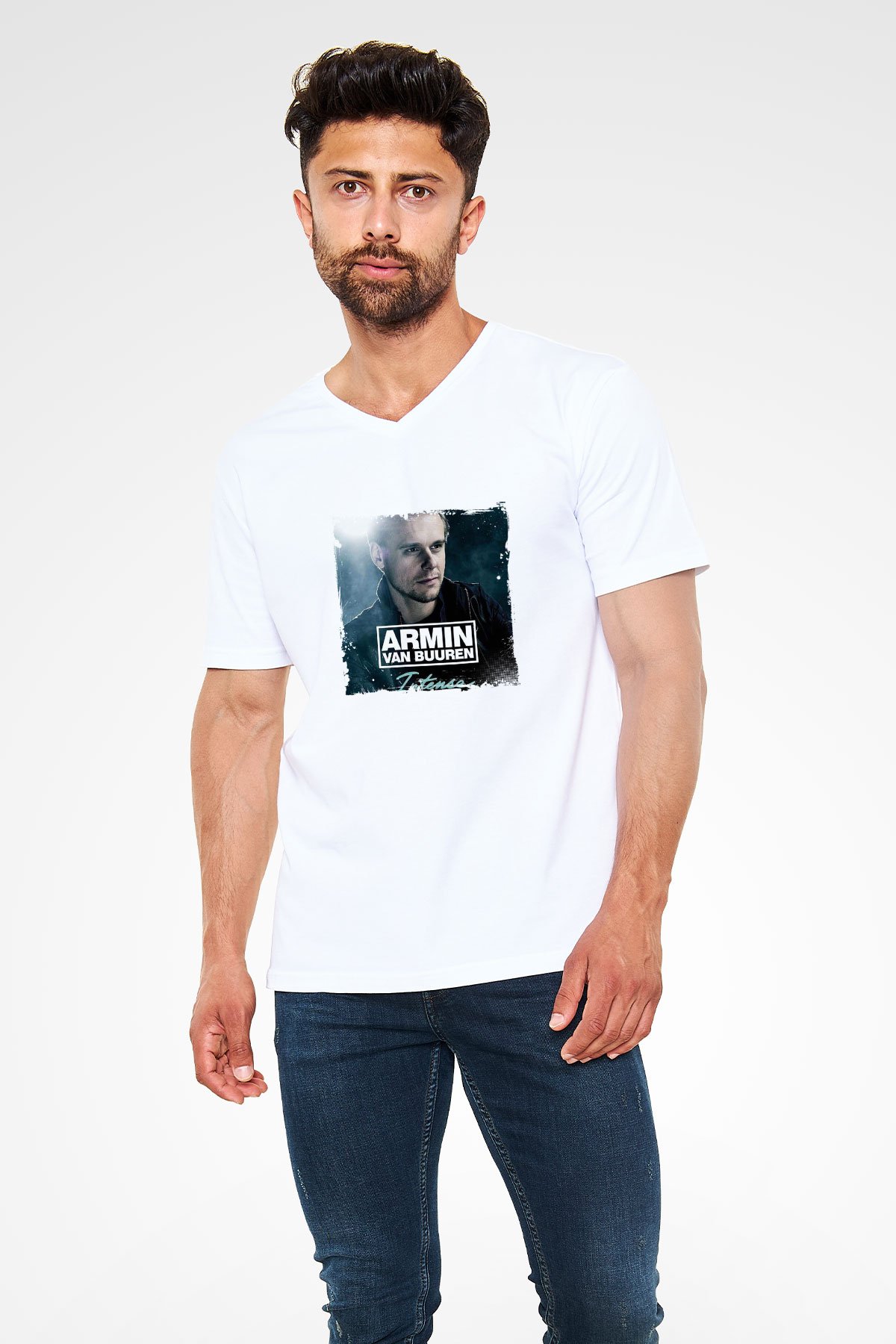 Armin Van Buuren Baskılı Beyaz V Yaka Unisex Tişört