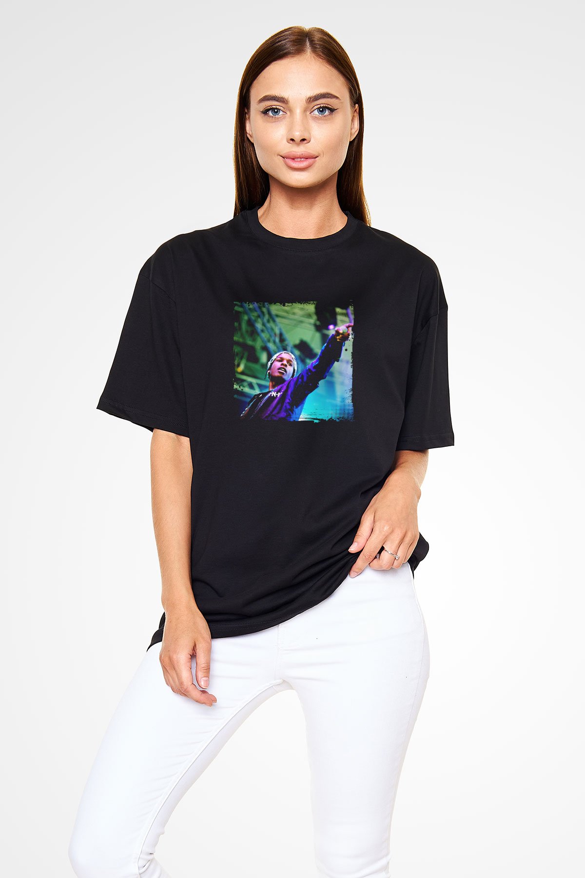ASAP Rocky Baskılı Unisex Oversize Siyah Tişört