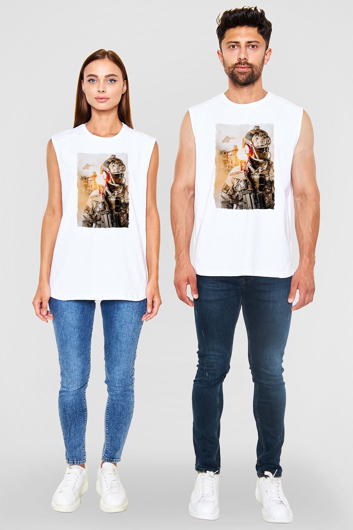 Asker Beyaz Unisex Kolsuz Tişört