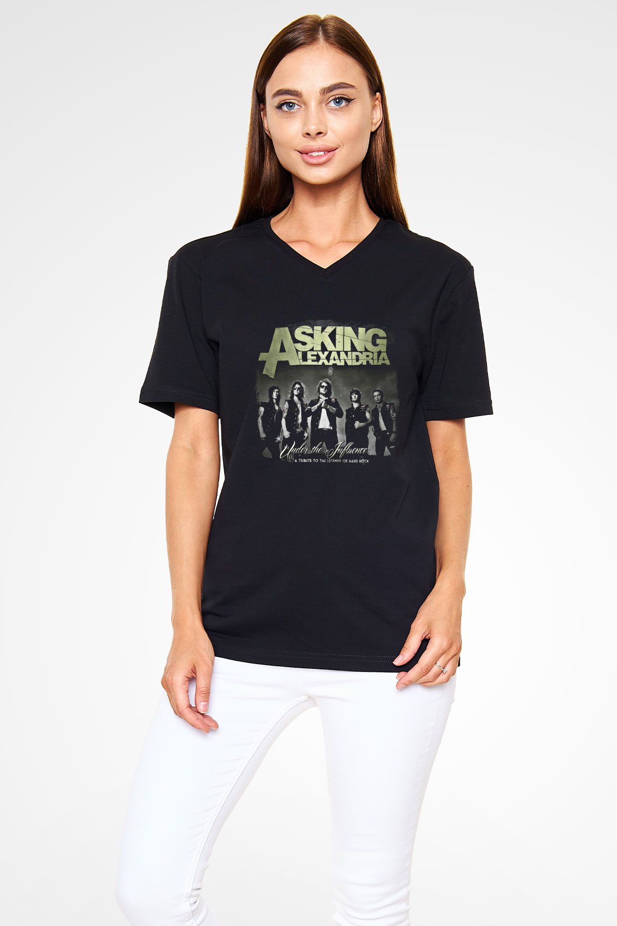 Asking Alexandria Baskılı Unisex Siyah V Yaka Tişört