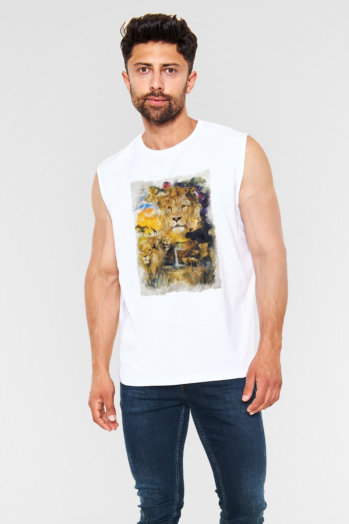 Aslan Beyaz Unisex Kolsuz Tişört