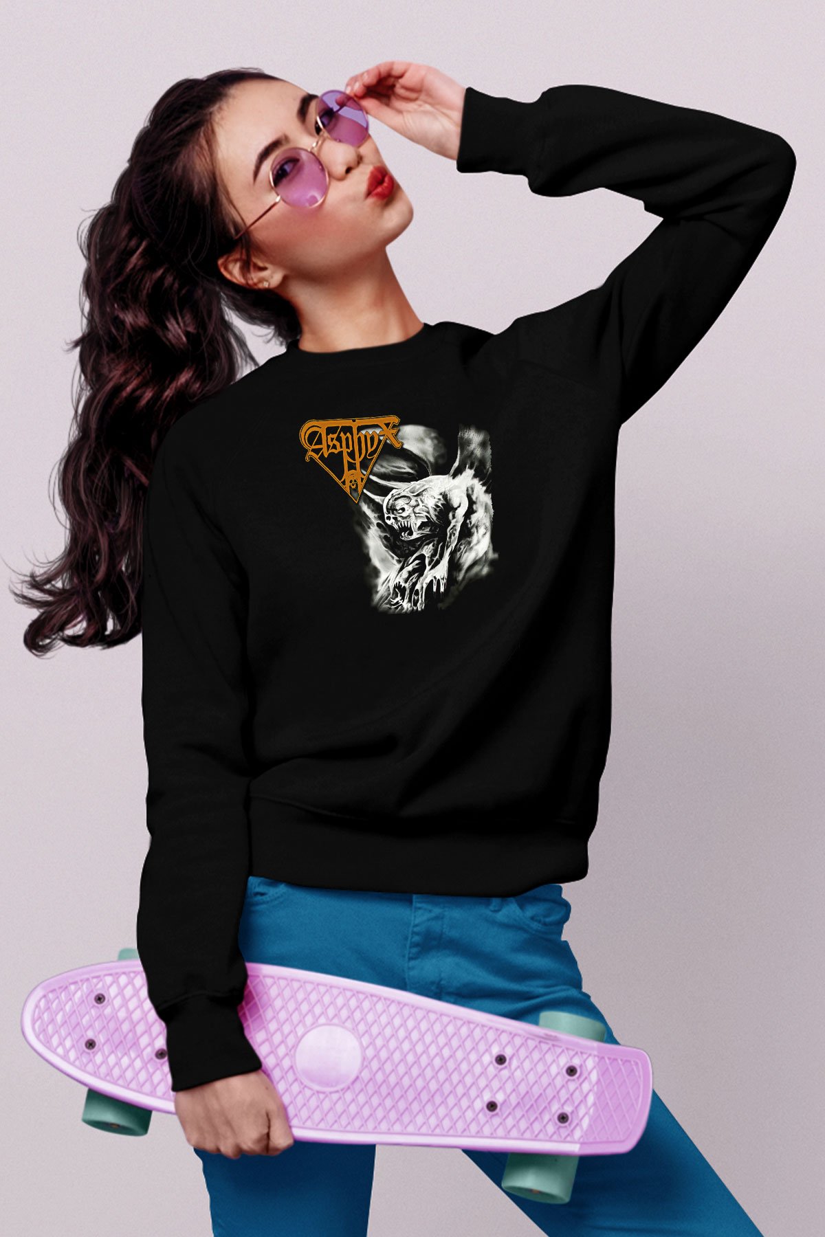 Asphyx Baskılı Unisex Siyah Sweatshirt