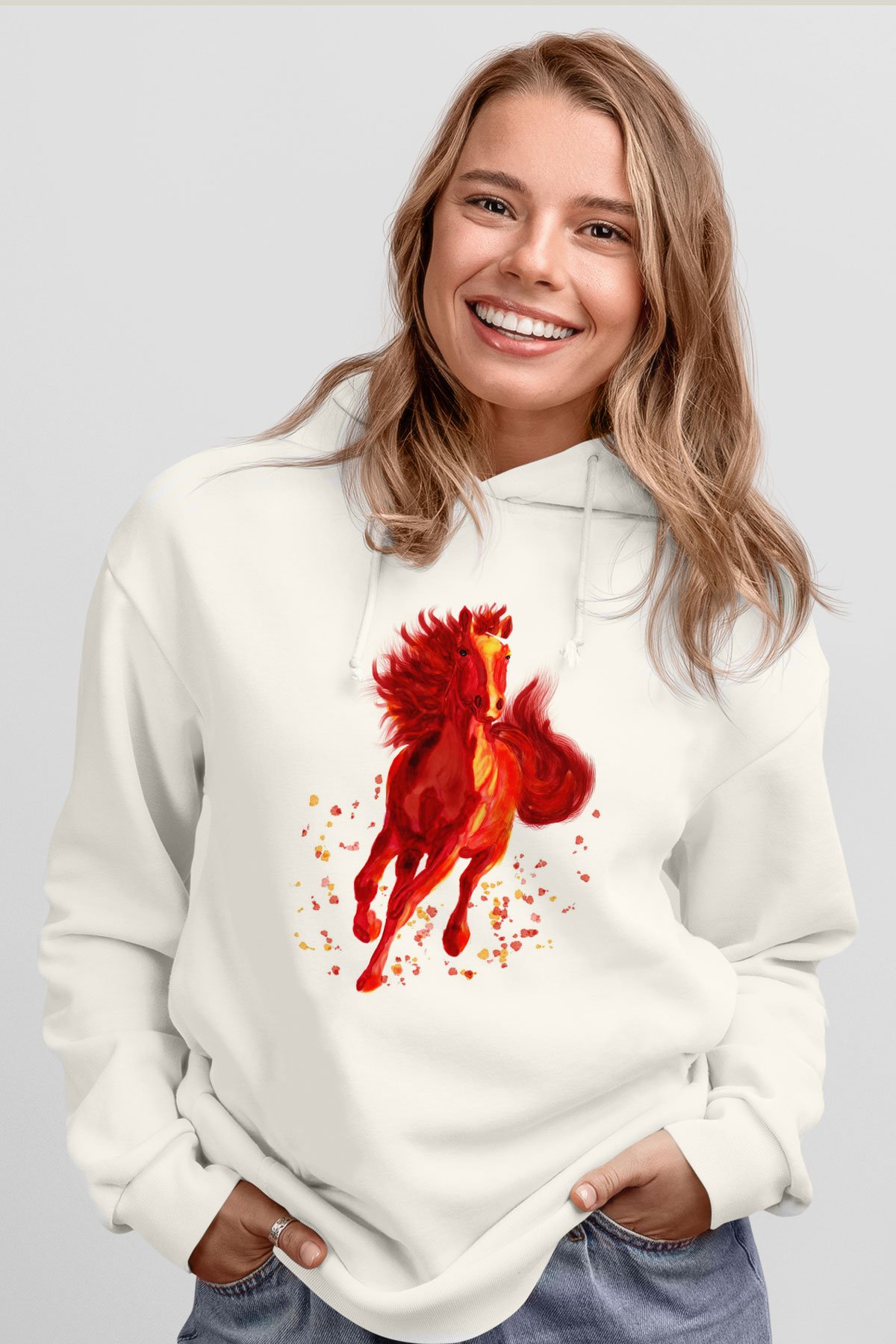 At Beyaz Unisex Kapüşonlu Sweatshirt