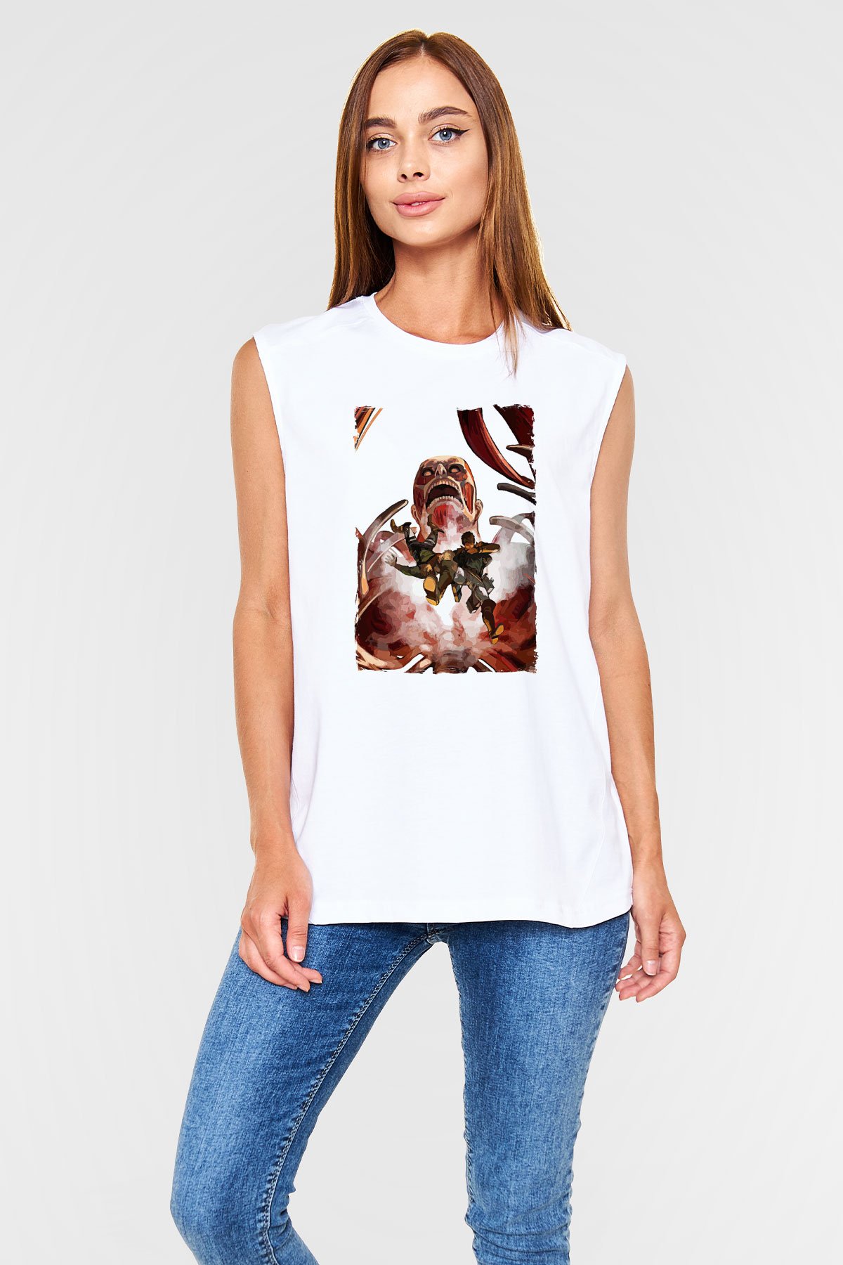 Attack On Titan Baskılı Beyaz Unisex Kolsuz Tişört - Tshirt