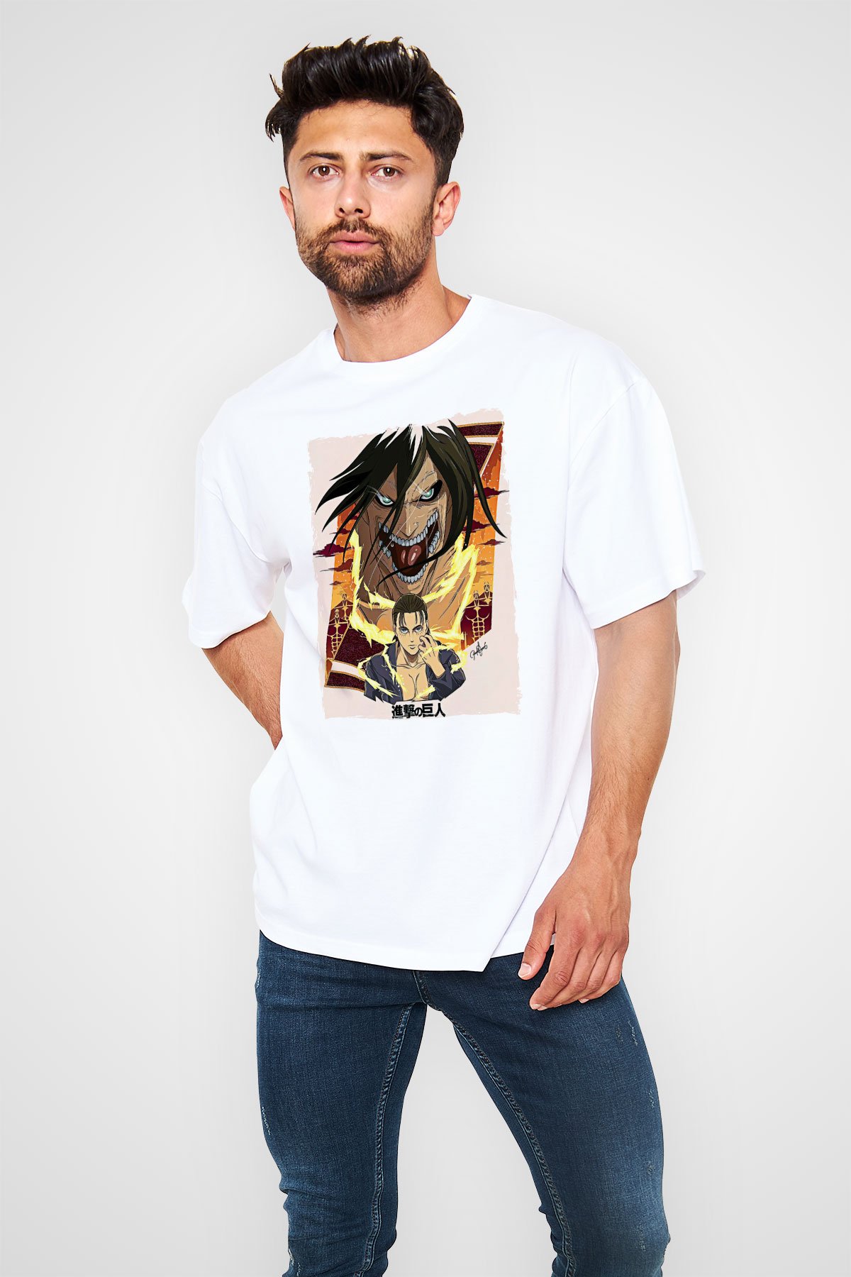 Attack On Titan Baskılı Beyaz Unisex Tişört - Tshirt