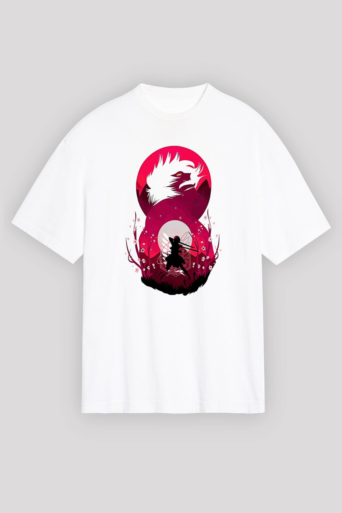 Attack On Titan Baskılı Beyaz Unisex Oversize Tişört - Tshirt