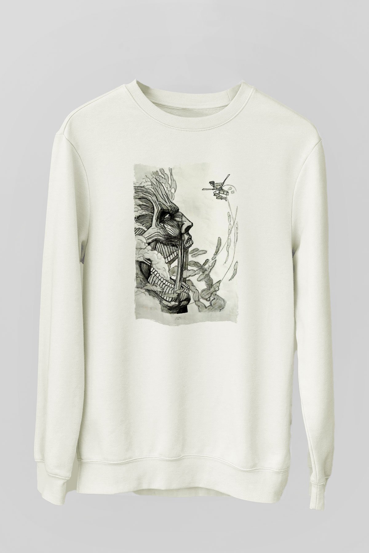 Attack On Titan Baskılı Beyaz Unisex Sweatshirt