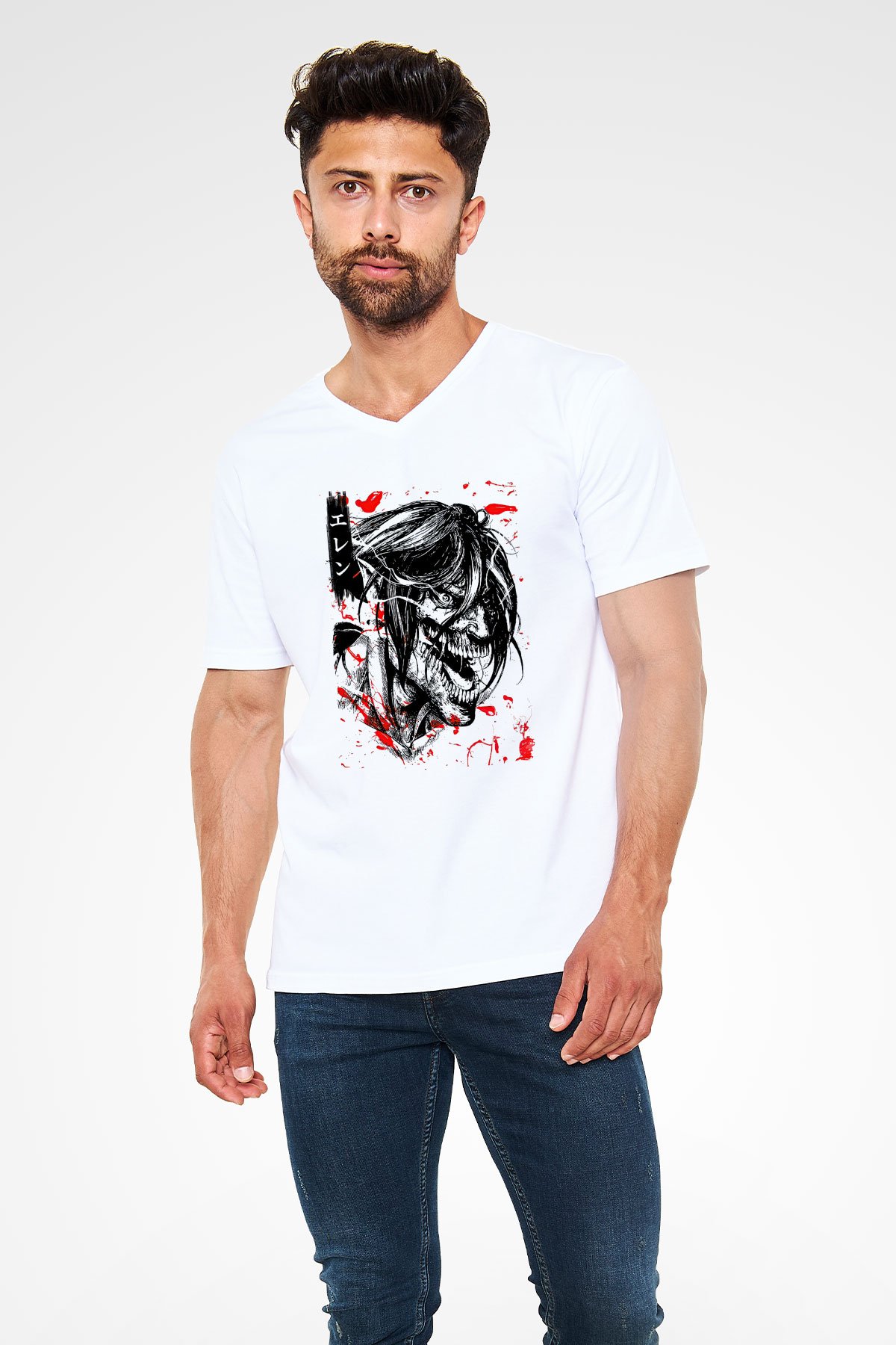Attack On Titan Baskılı Beyaz Unisex V Yaka Tişört - Tshirt