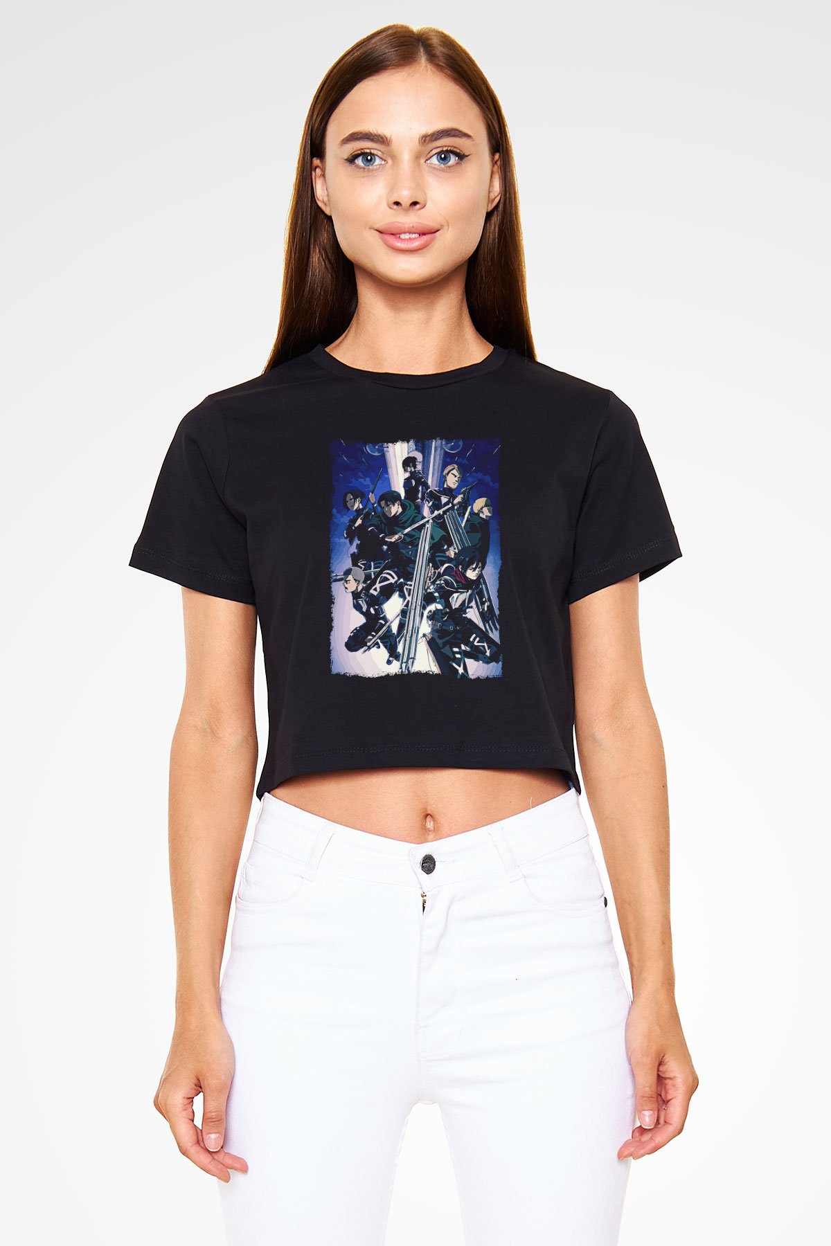 Attack On Titan Baskılı Siyah Crop Top Kadın Tişört - Tshirt