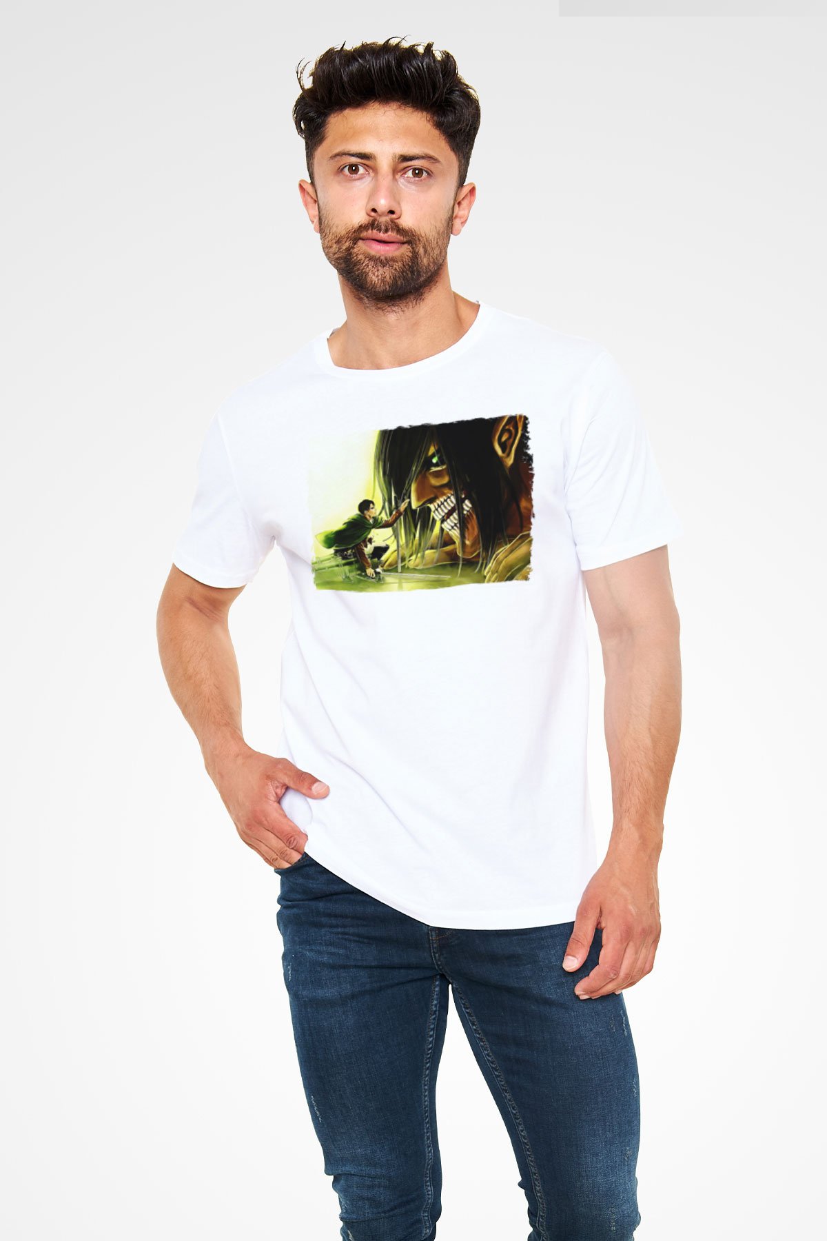 Attack On Titan Baskılı Unisex Siyah Tişört - Tshirt