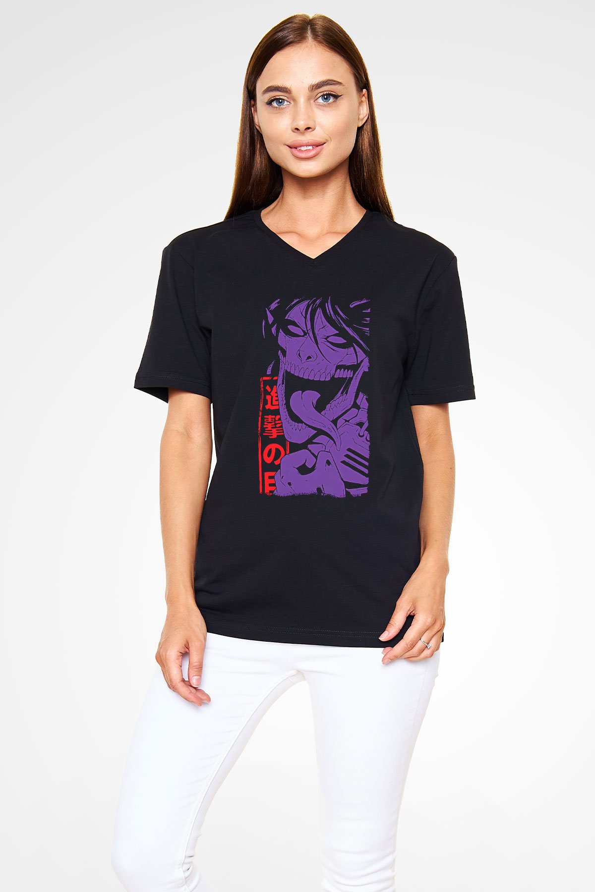 Attack On Titan Baskılı Unisex Siyah V Yaka Tişört - Tshirt