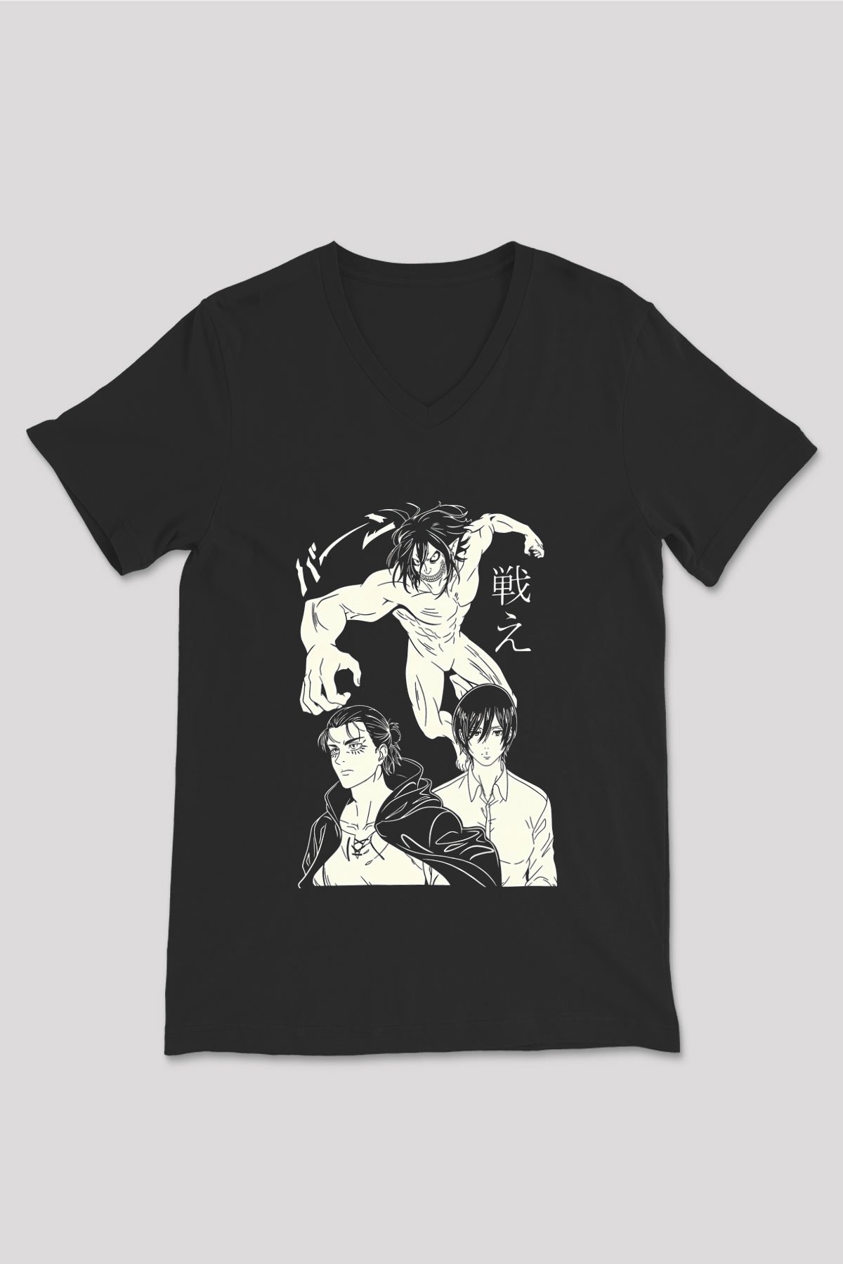 Attack On Titan Baskılı Unisex Siyah V Yaka Tişört - Tshirt