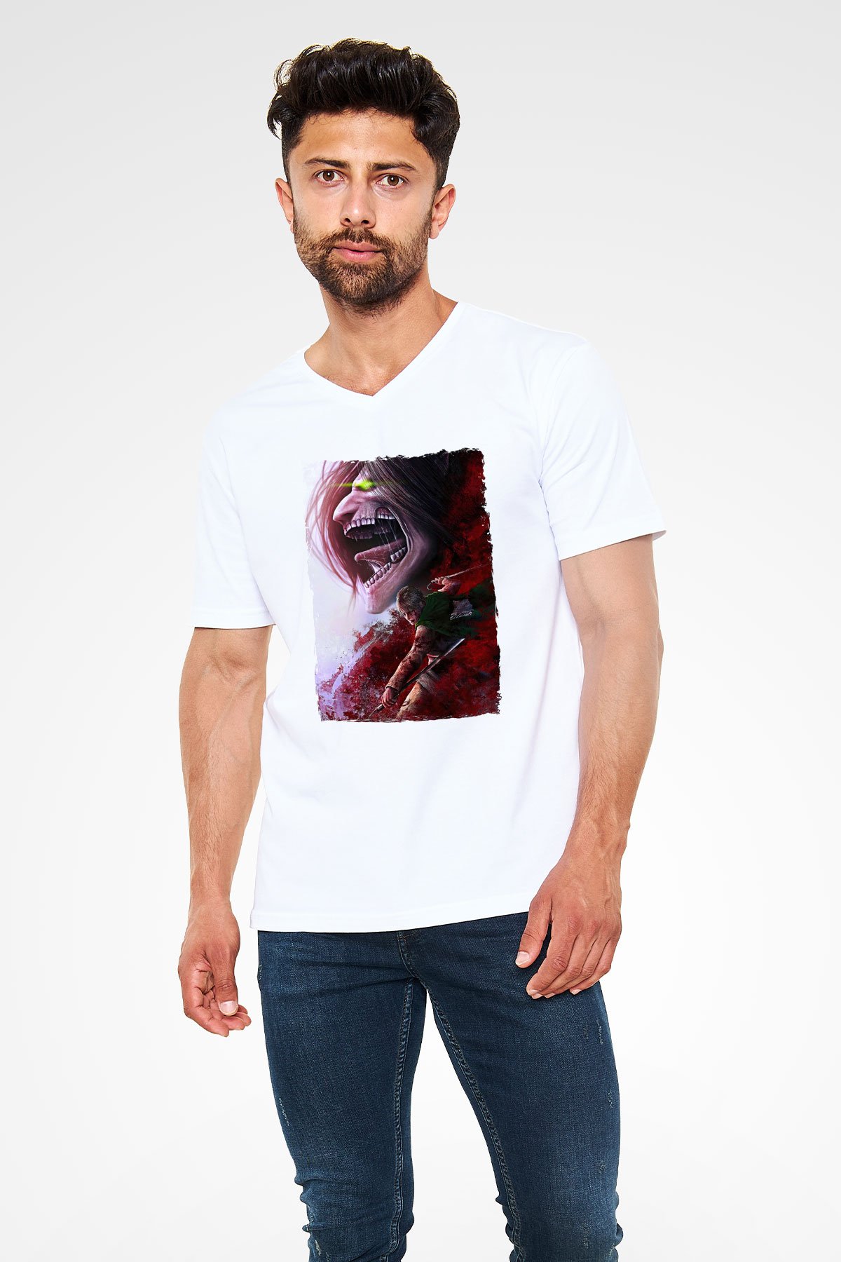 Attack On Titan Baskılı Unisex Siyah V Yaka Tişört - Tshirt