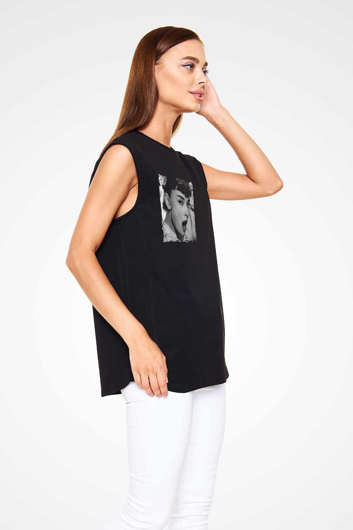 Audrey Hepburn Baskılı Unisex Siyah Kolsuz Tişört