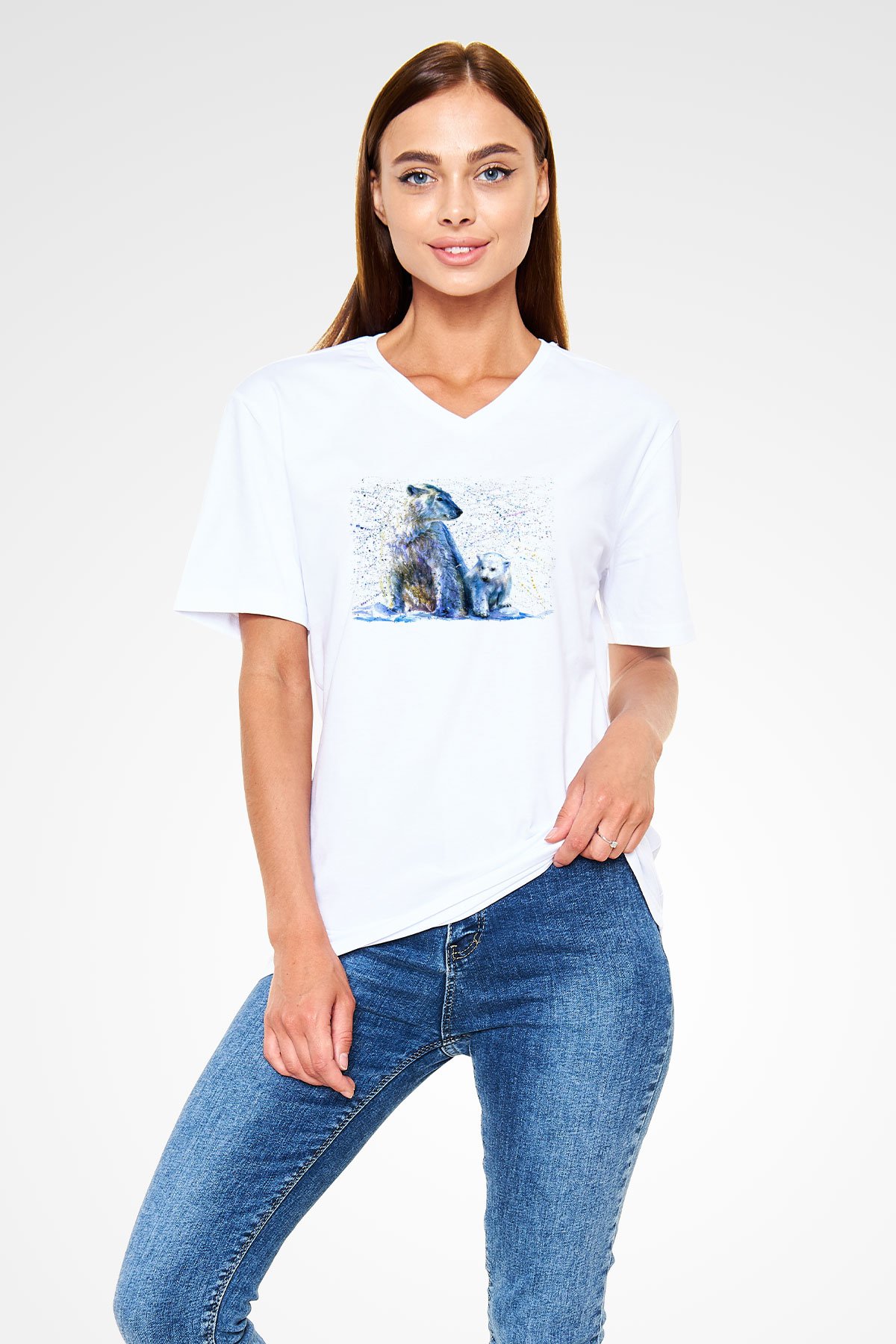 Ayı Beyaz Unisex V Yaka Tişört