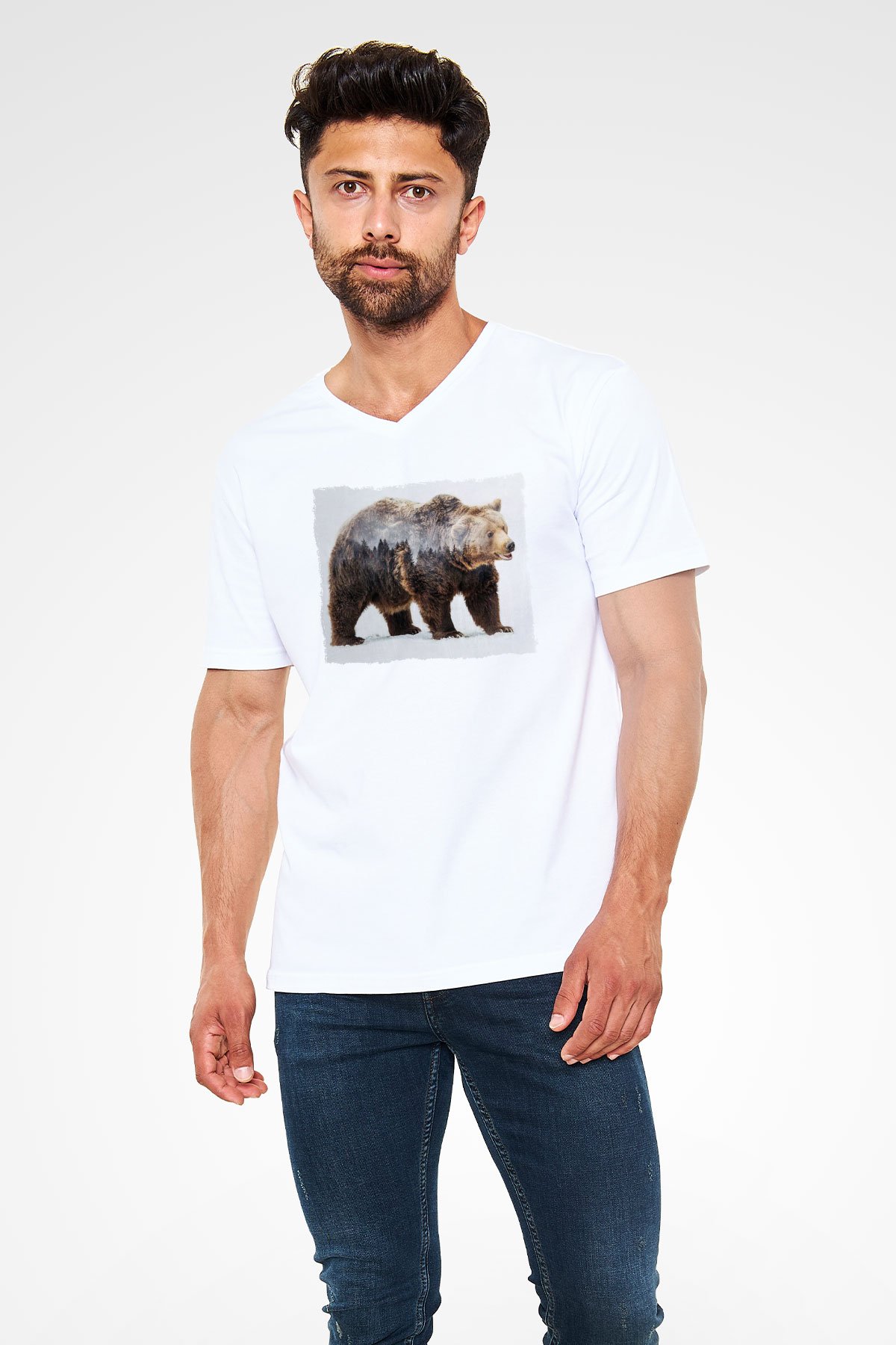 Ayı Beyaz Unisex V Yaka Tişört