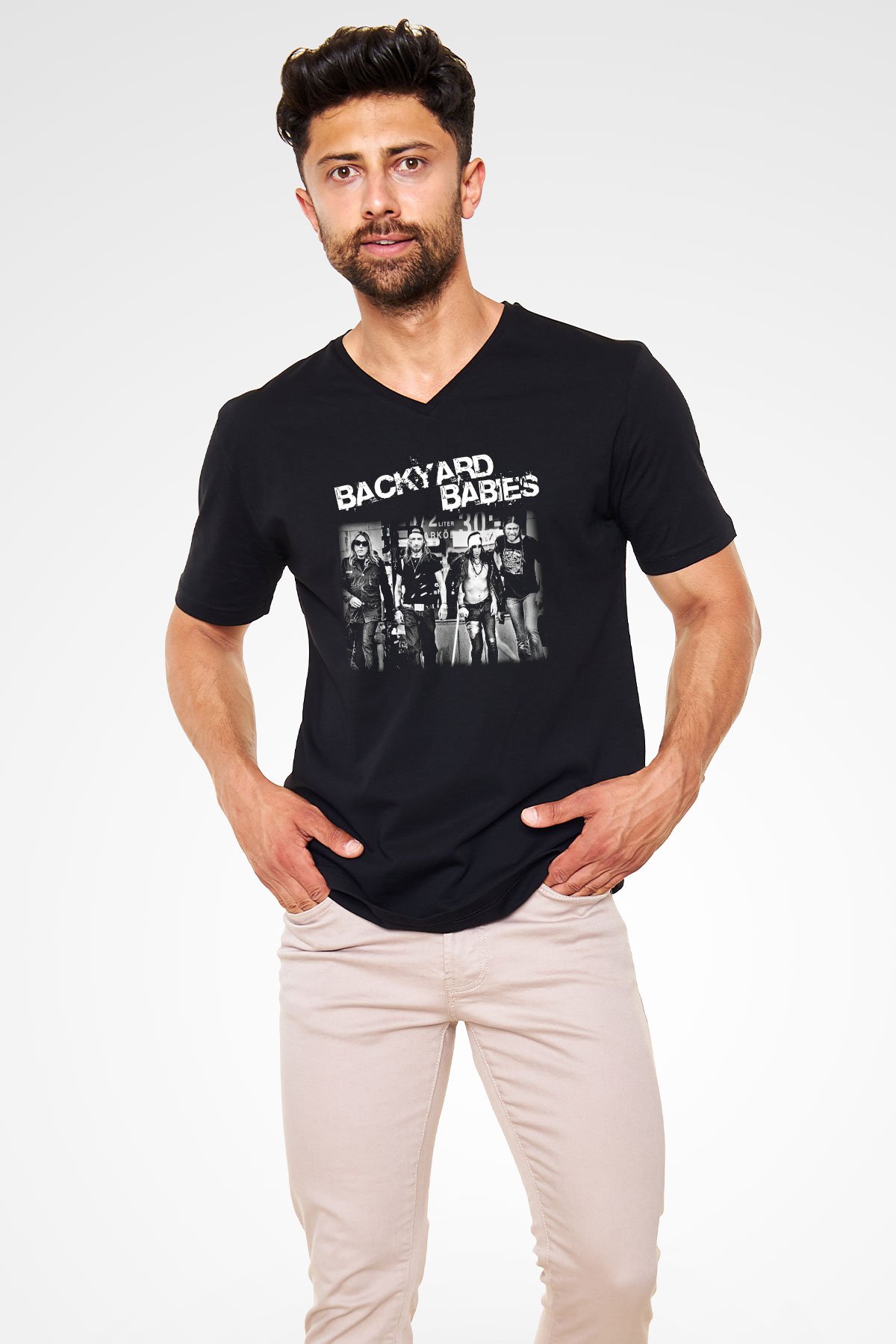 Backyard Babies Siyah Unisex V Yaka Tişört T-Shirt