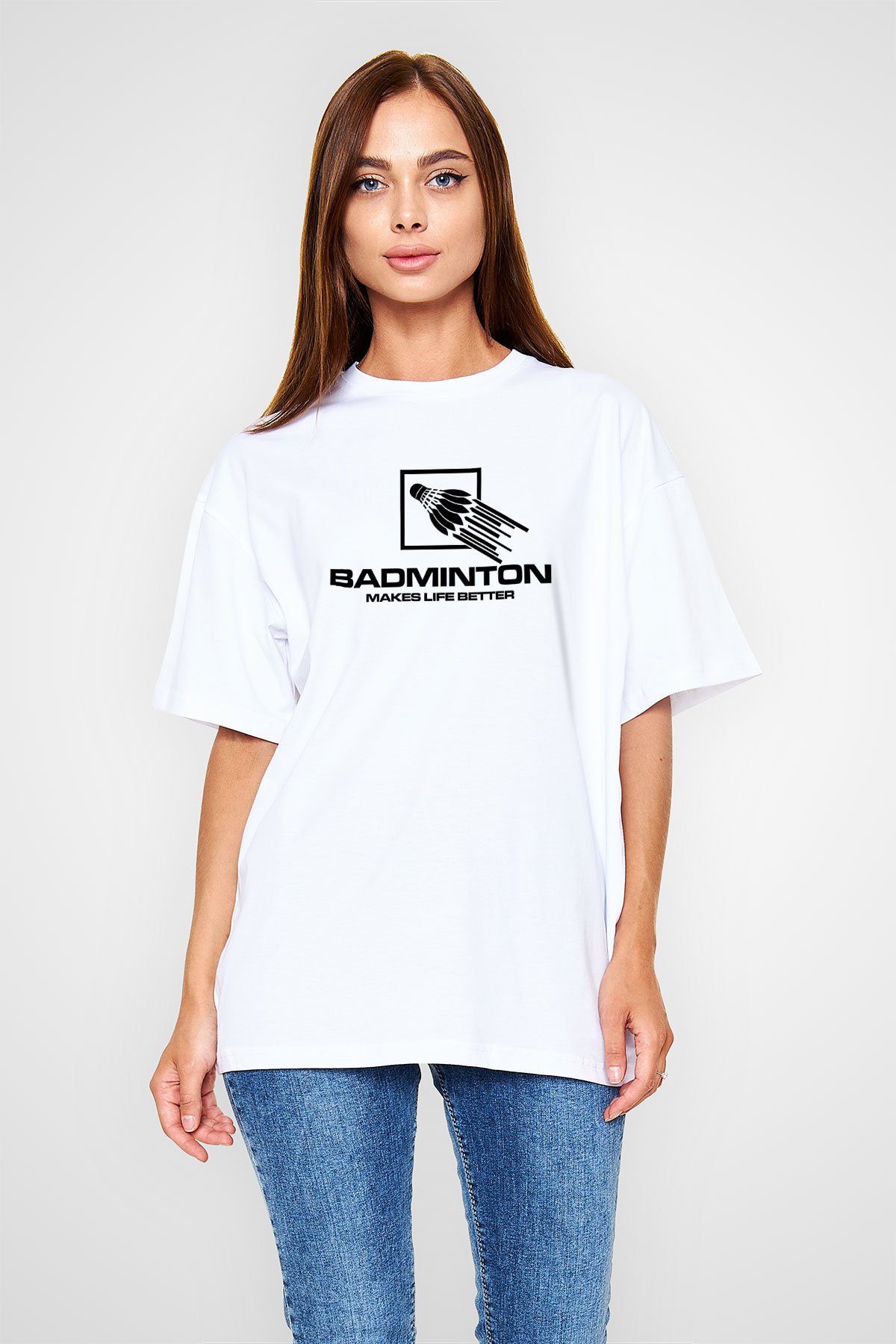 Badminton Baskılı Unisex Beyaz Oversize Tişört - Tshirt