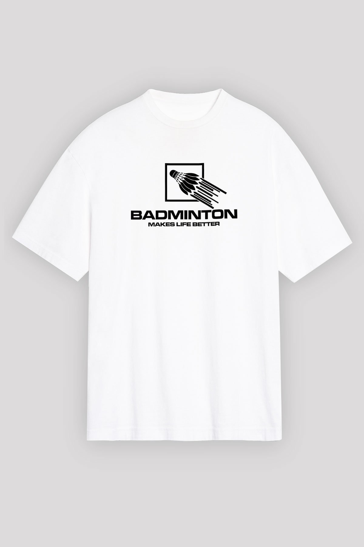 Badminton Baskılı Unisex Beyaz Oversize Tişört - Tshirt