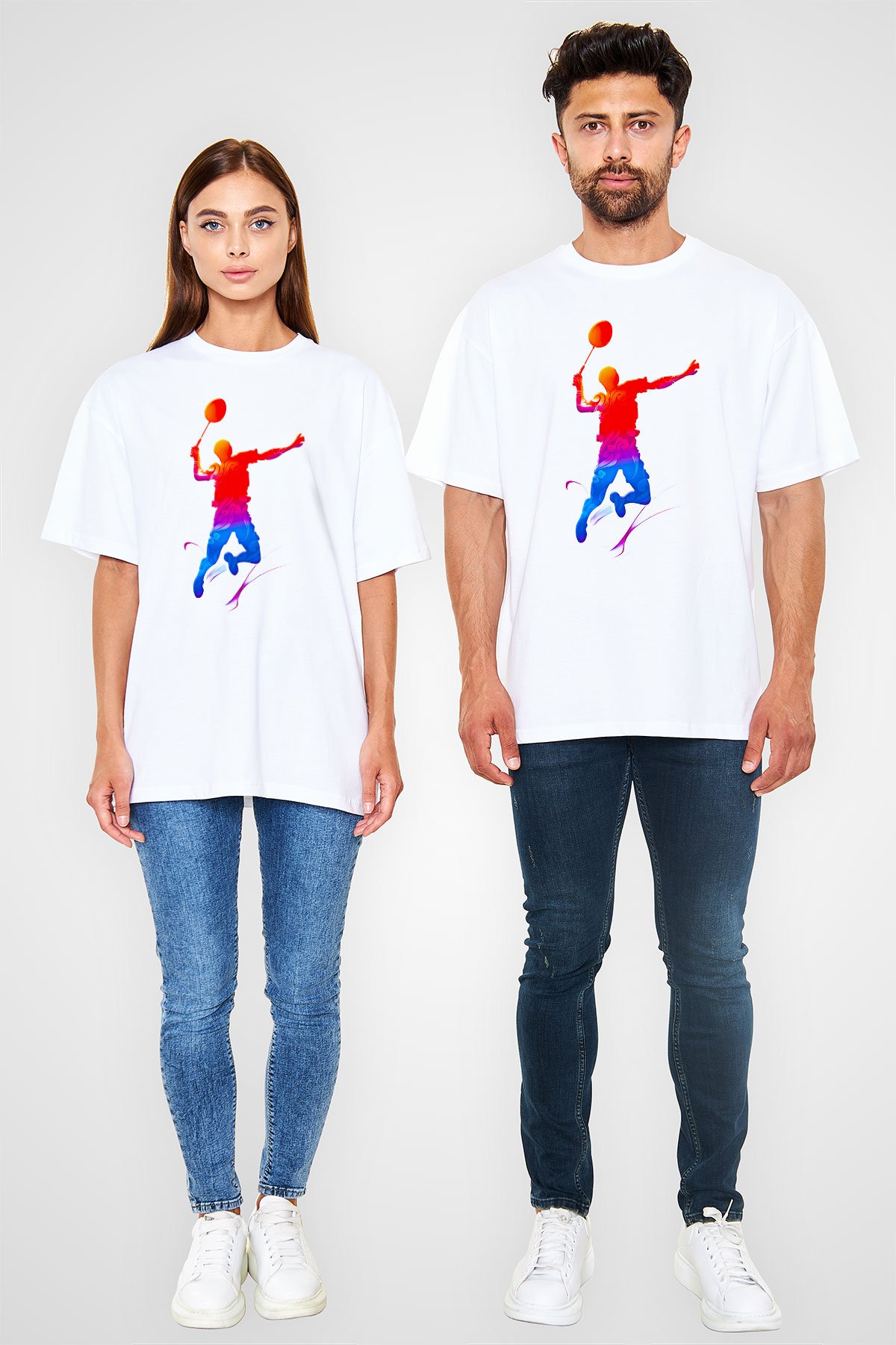 Badminton Baskılı Unisex Beyaz Oversize Tişört - Tshirt