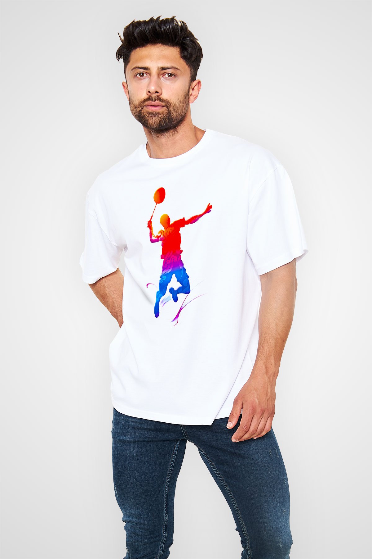 Badminton Baskılı Unisex Beyaz Oversize Tişört - Tshirt