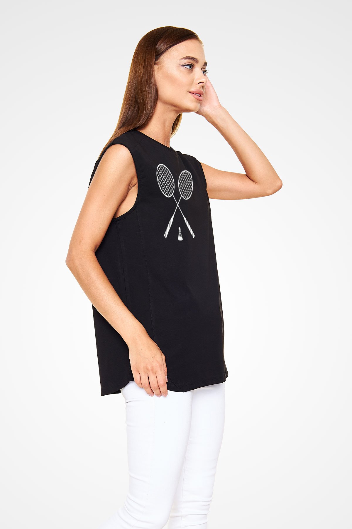 Badminton Baskılı Unisex Siyah Kolsuz Tişört