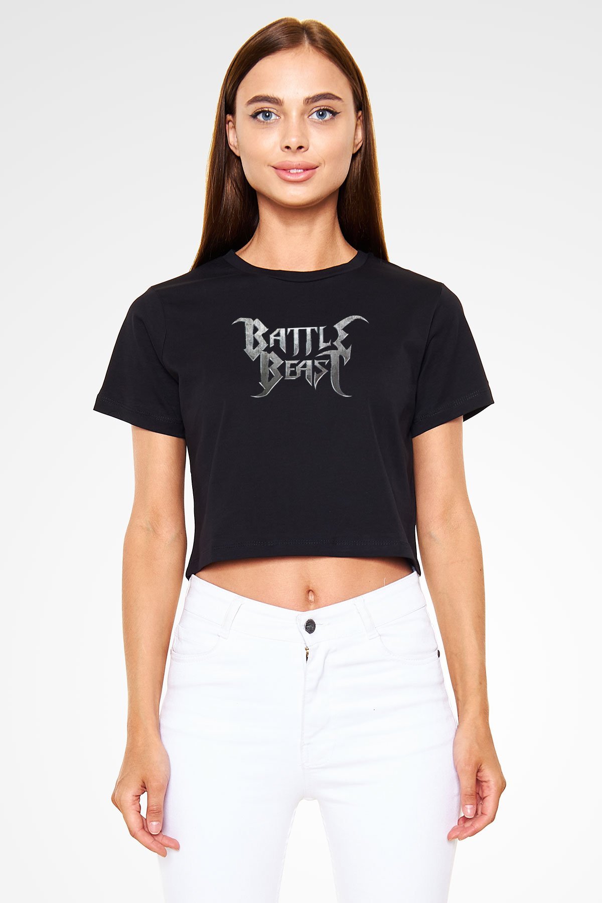 Battle Beast Baskılı Siyah Crop Top Kadın Tişört - Tshirt