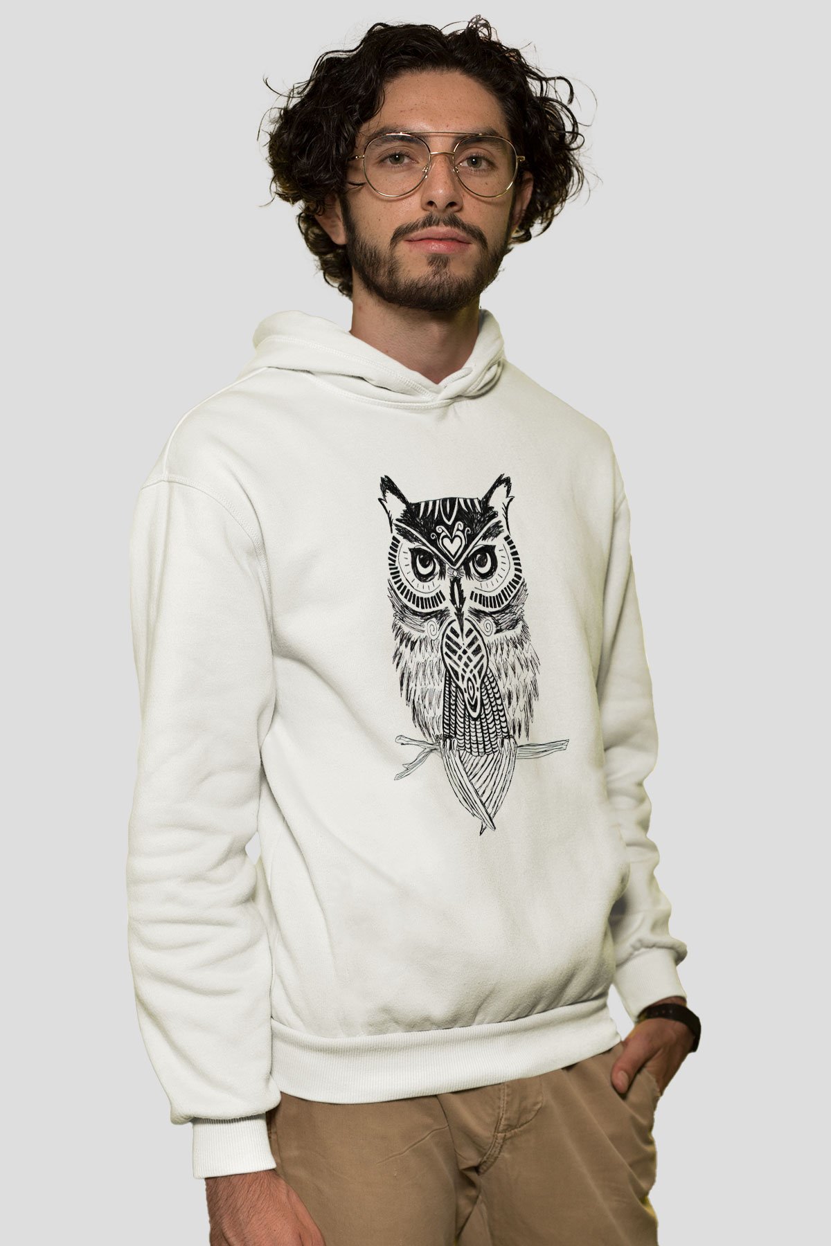Baykuş Beyaz Unisex Kapşonlu Sweatshirt