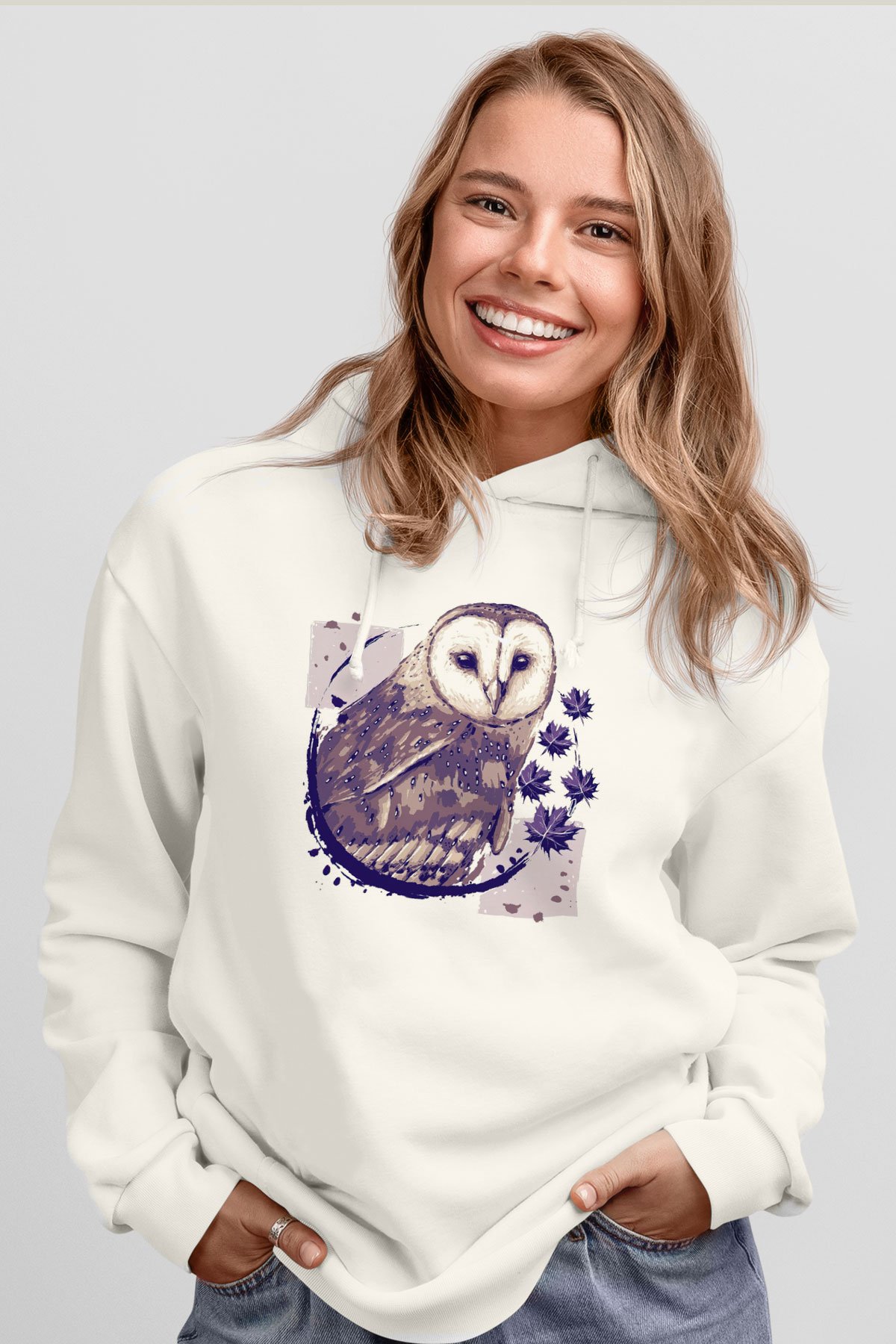 Baykuş Beyaz Unisex Kapüşonlu Sweatshirt