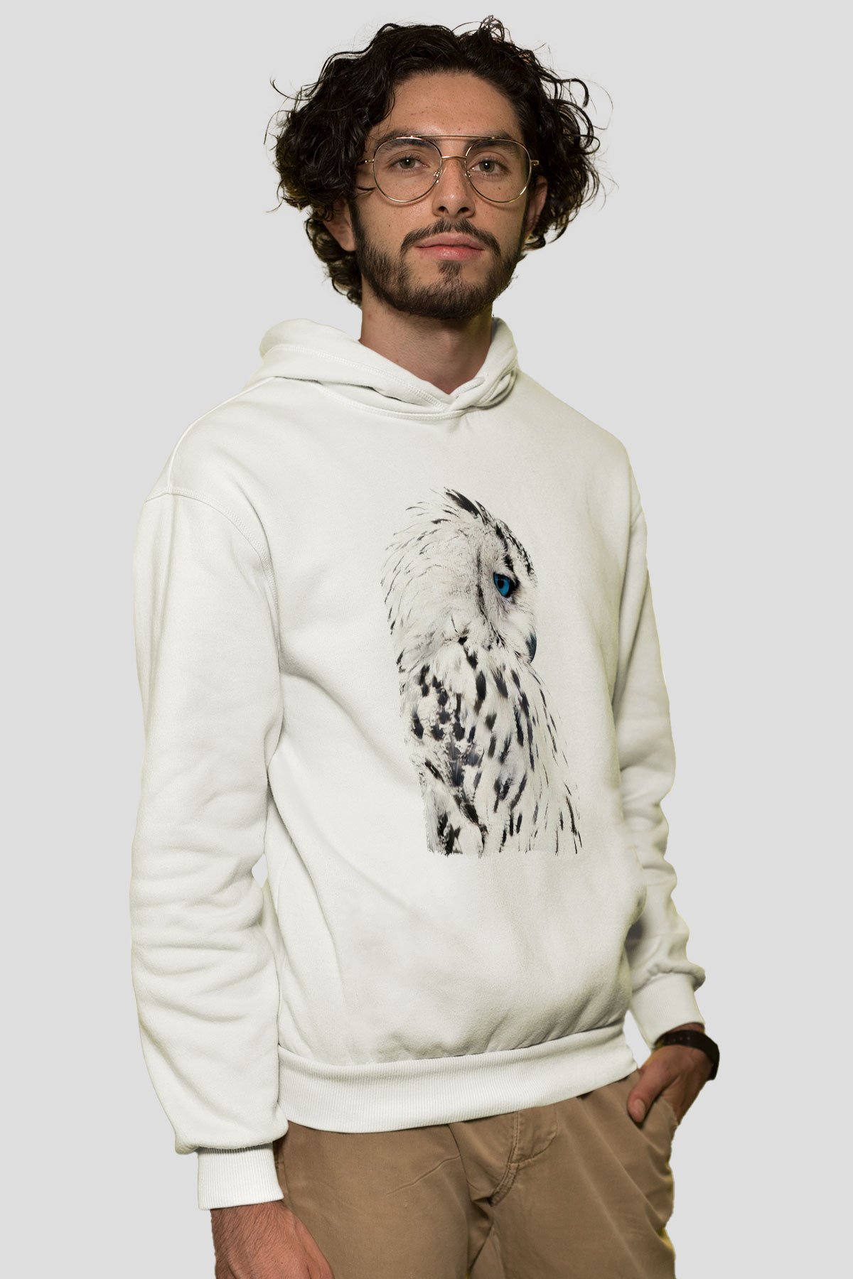 Baykuş Beyaz Unisex Kapüşonlu Sweatshirt
