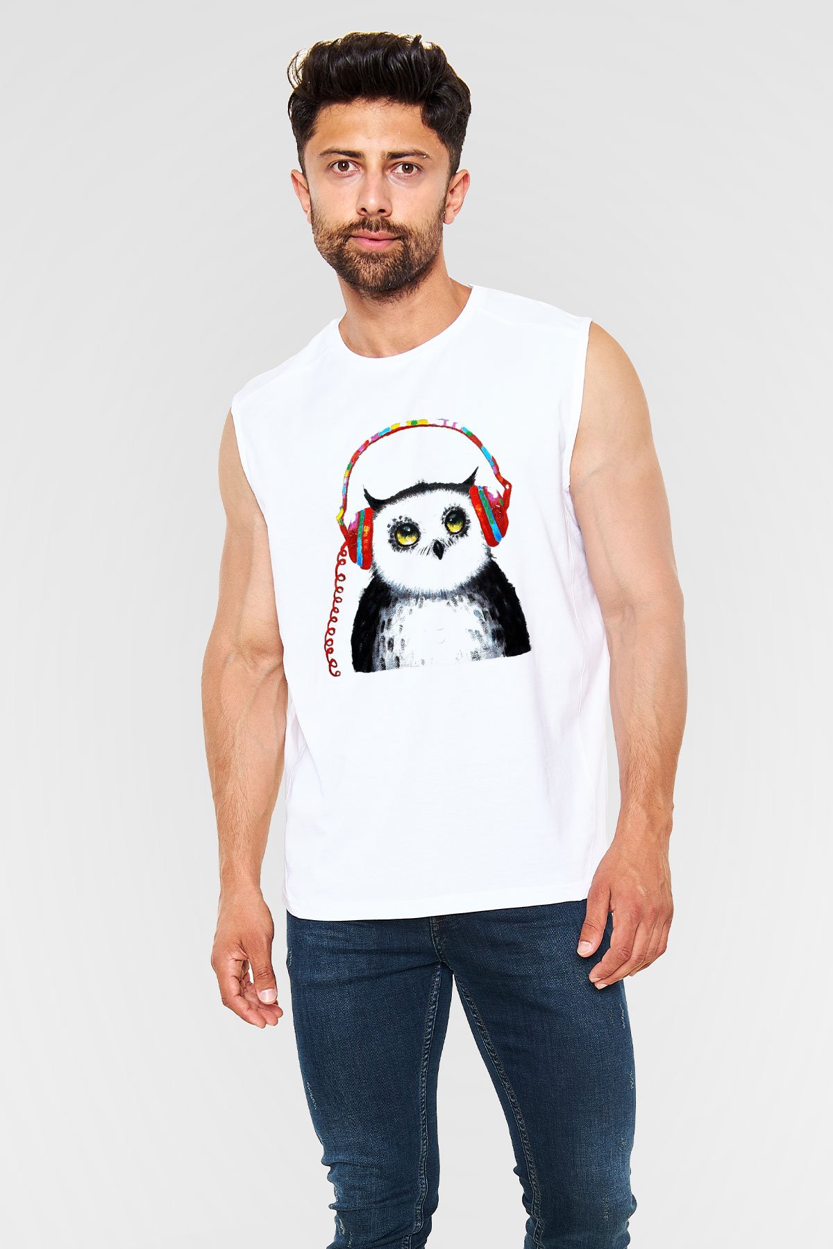 Baykuş Beyaz Unisex Kolsuz Tişört