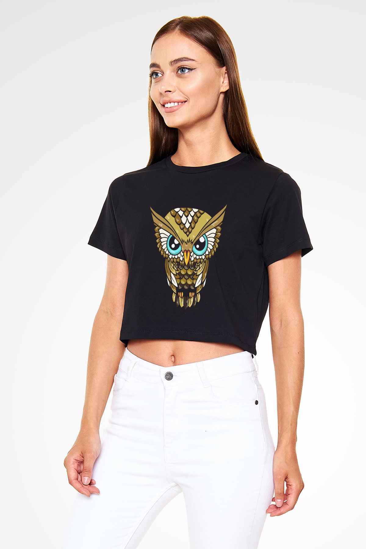 Baykuş Siyah Crop Top Tişört