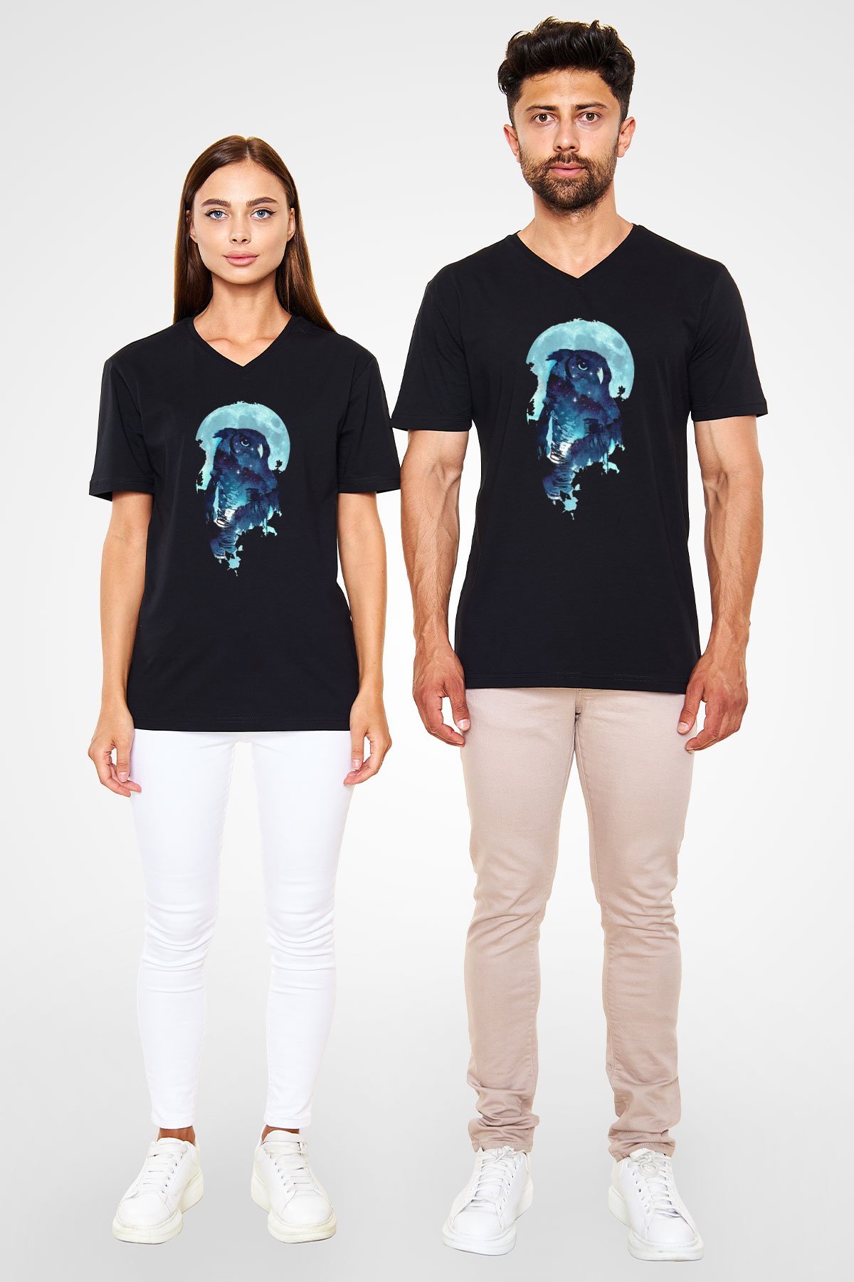 Baykuş Siyah Unisex V Yaka Tişört T-Shirt