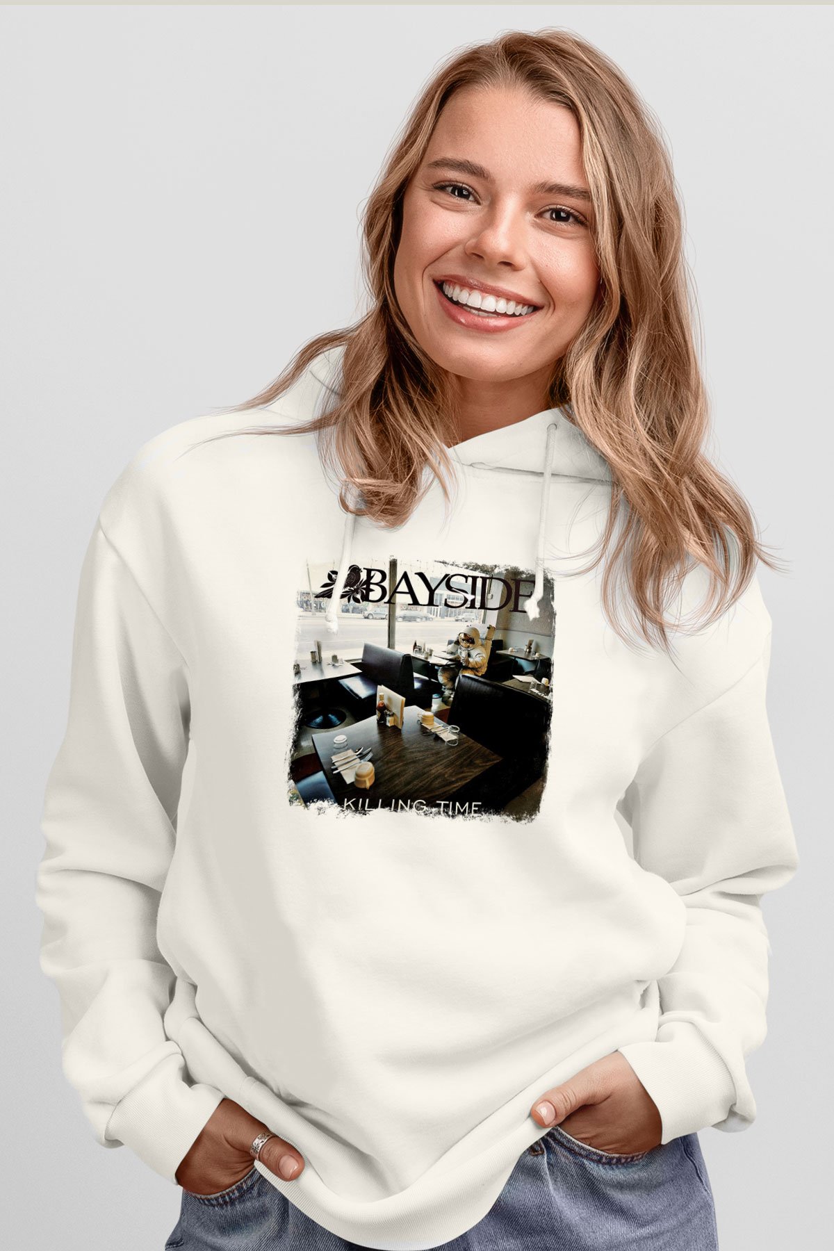 Bayside Baskılı Unisex Beyaz Hoodie