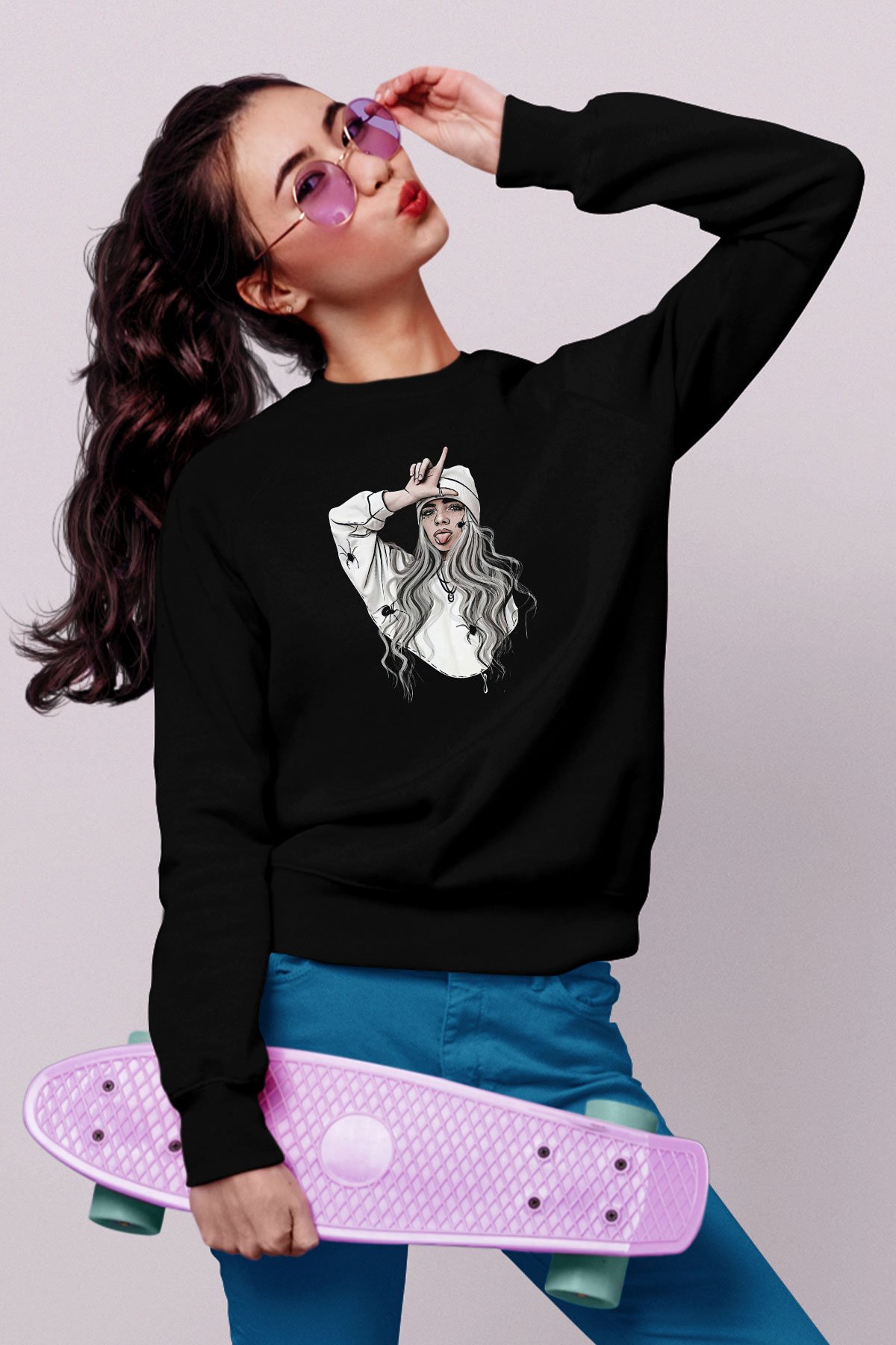 Billie Eilish Baskılı Unisex Siyah Sweatshirt