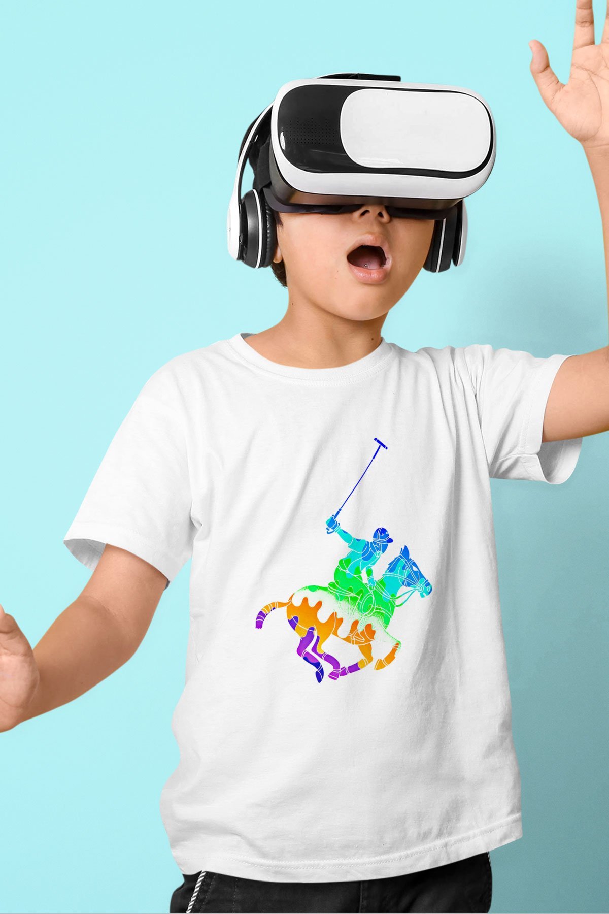 Binicilik Baskılı Unisex Beyaz Çocuk Tişört - Tshirt