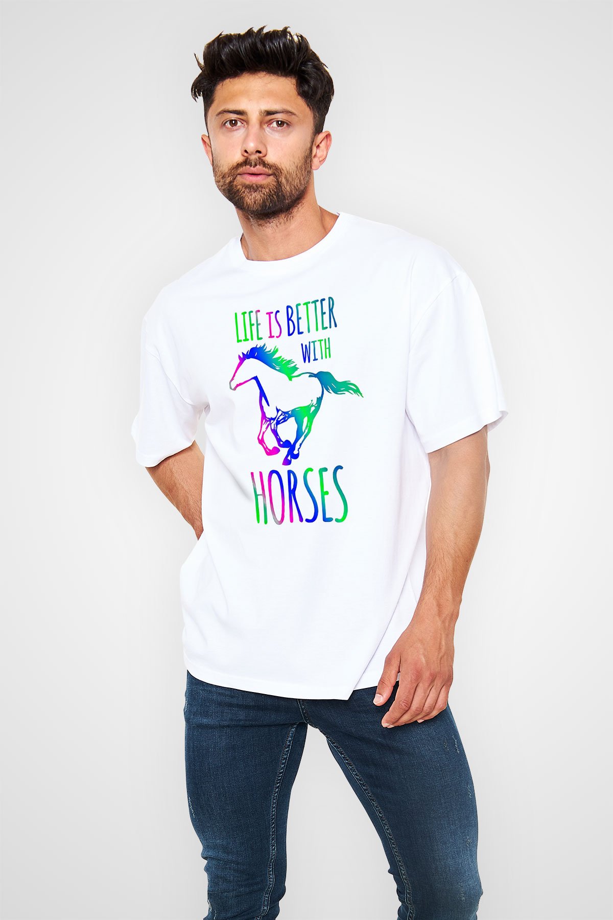 Binicilik Baskılı Unisex Beyaz Oversize Tişört - Tshirt