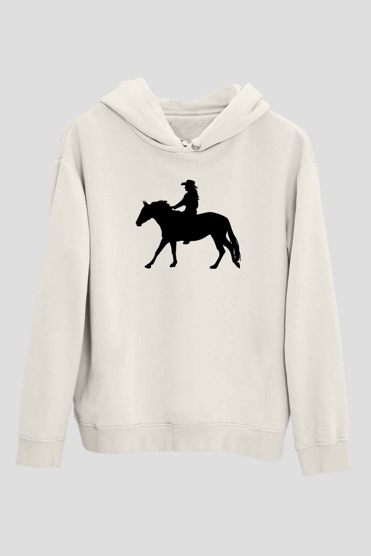 Binicilik Baskılı Unisex Ekru Hoodie